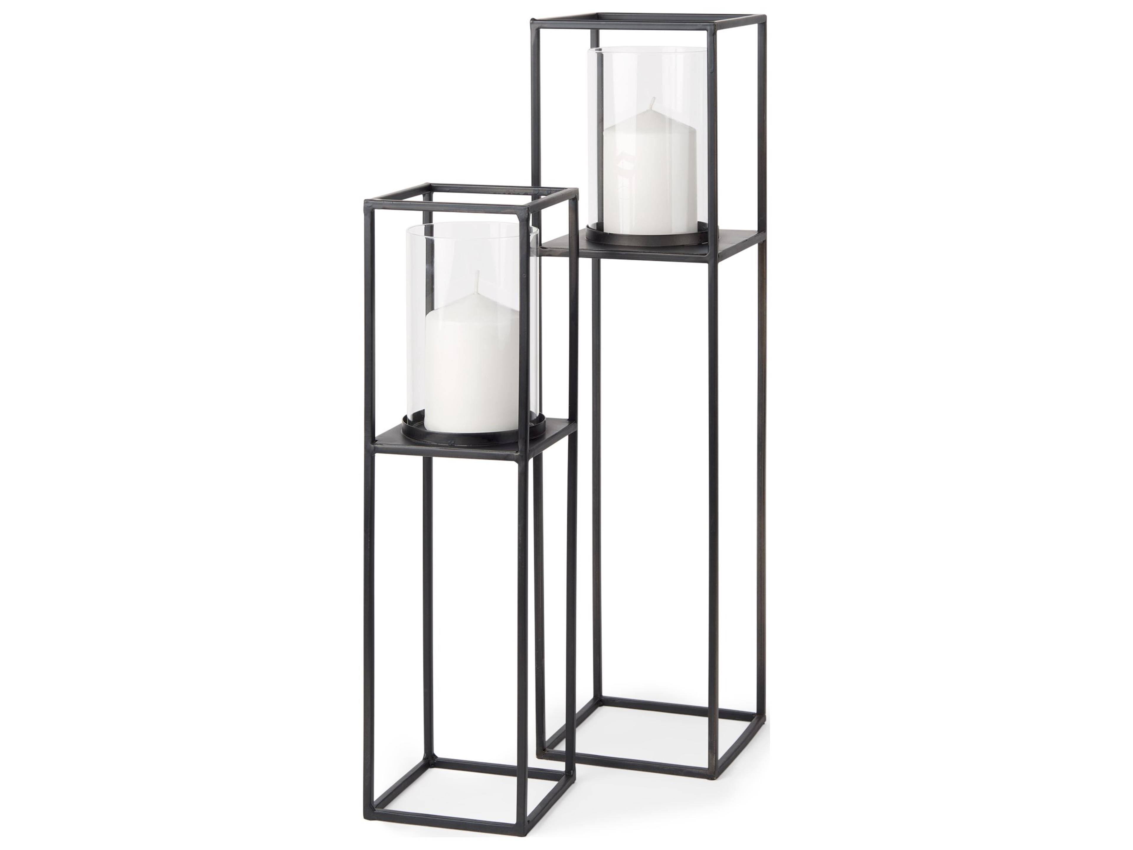 Mercana Cindy Set of 2 Matte Black Metal and Hurricane Glass Pillar Tabletop Candle Holders