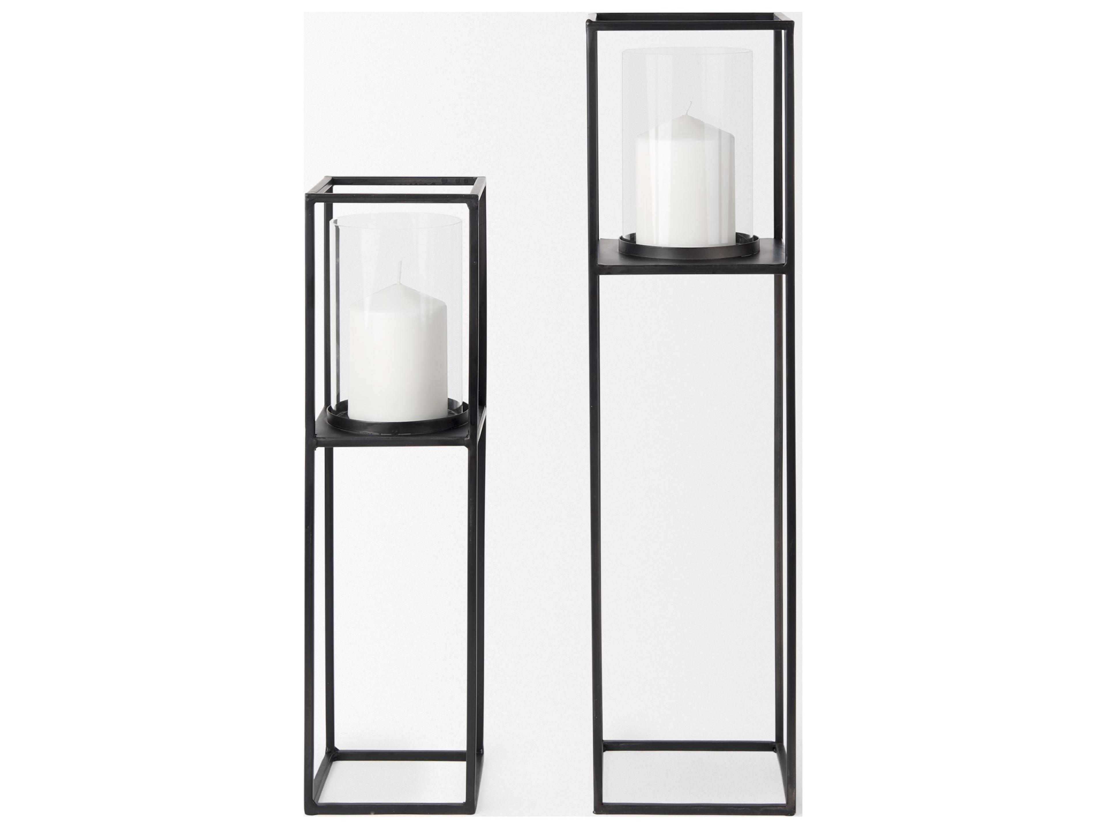 Mercana Cindy Set of 2 Matte Black Metal and Hurricane Glass Pillar Tabletop Candle Holders