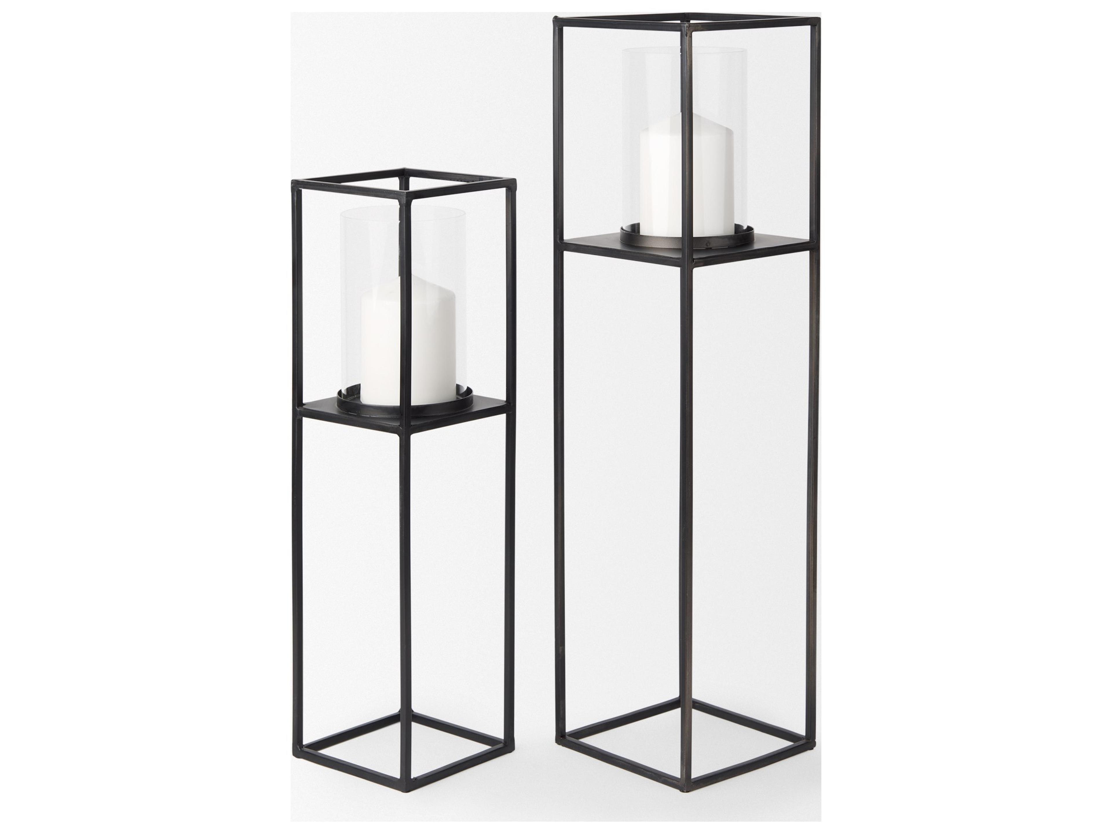 Mercana Cindy Set of 2 Matte Black Metal and Hurricane Glass Pillar Tabletop Candle Holders