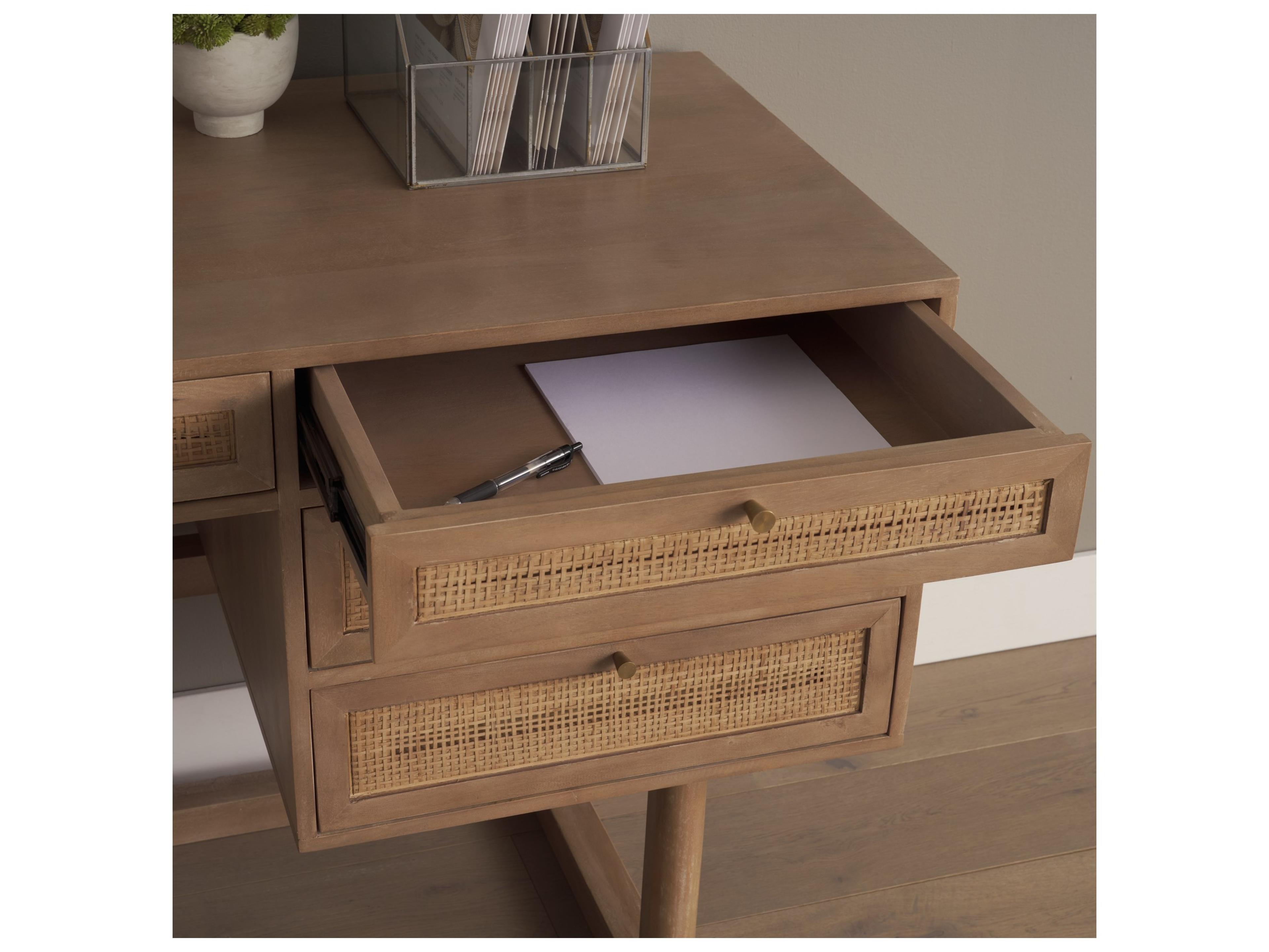 Mercana Grier 60" Light Brown Solid Wood W/Cane Office Desk