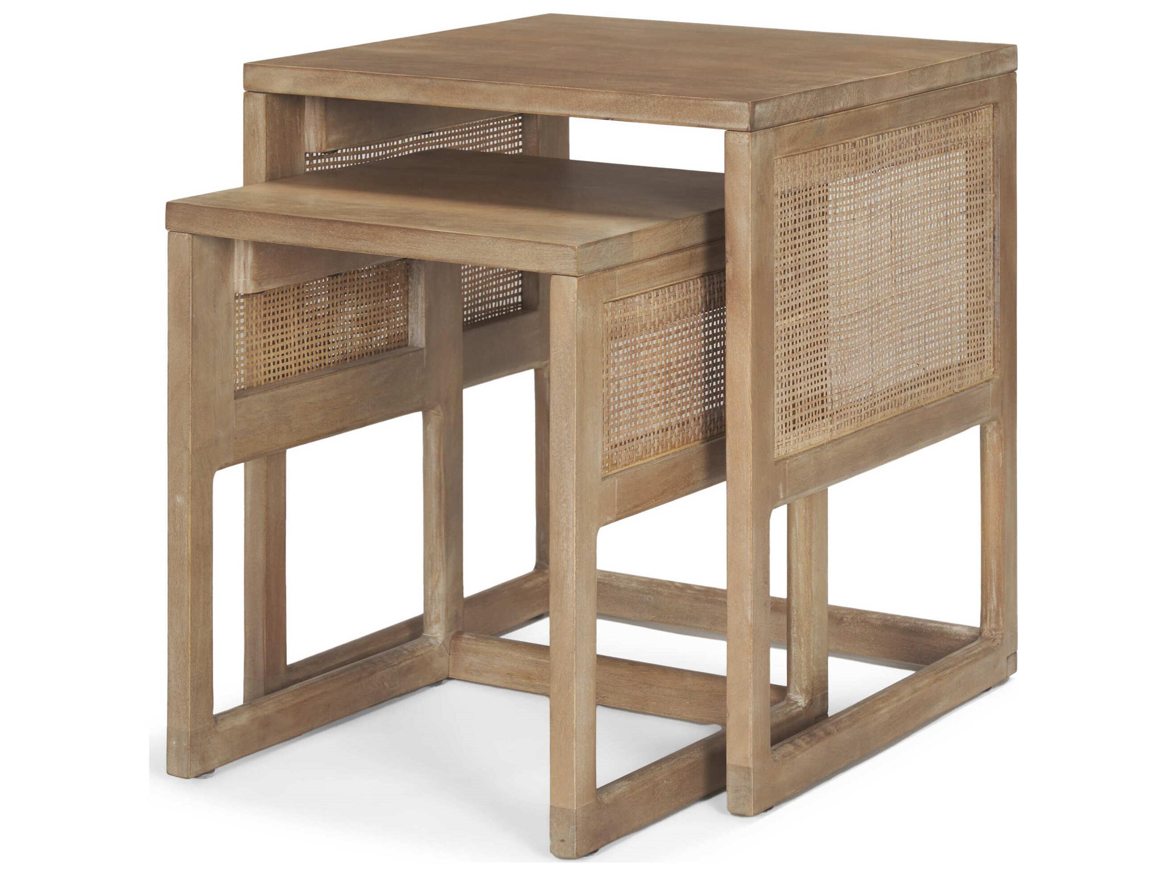 Grier Set of 2 Light Brown Solid Wood w/ Cane Nesting Accent Tables