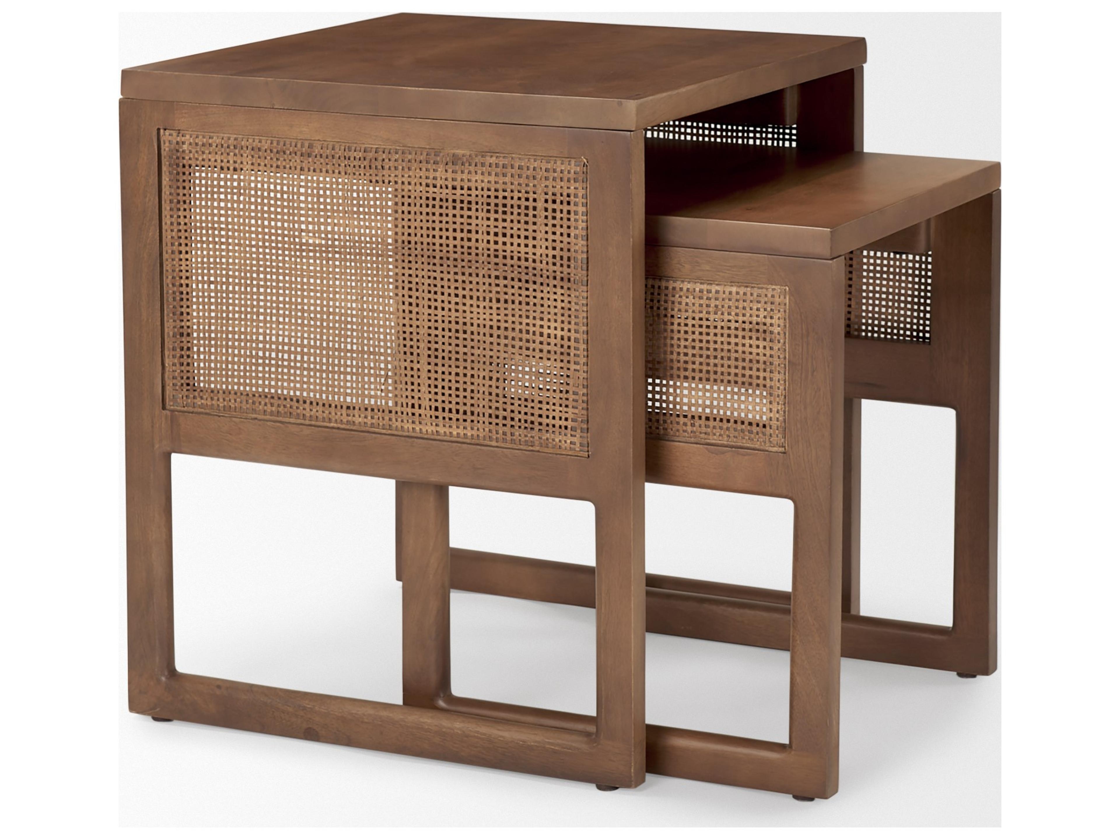 Mercana Grier Set of 2 Medium Brown Solid Wood w/ Cane Nesting Accent Tables