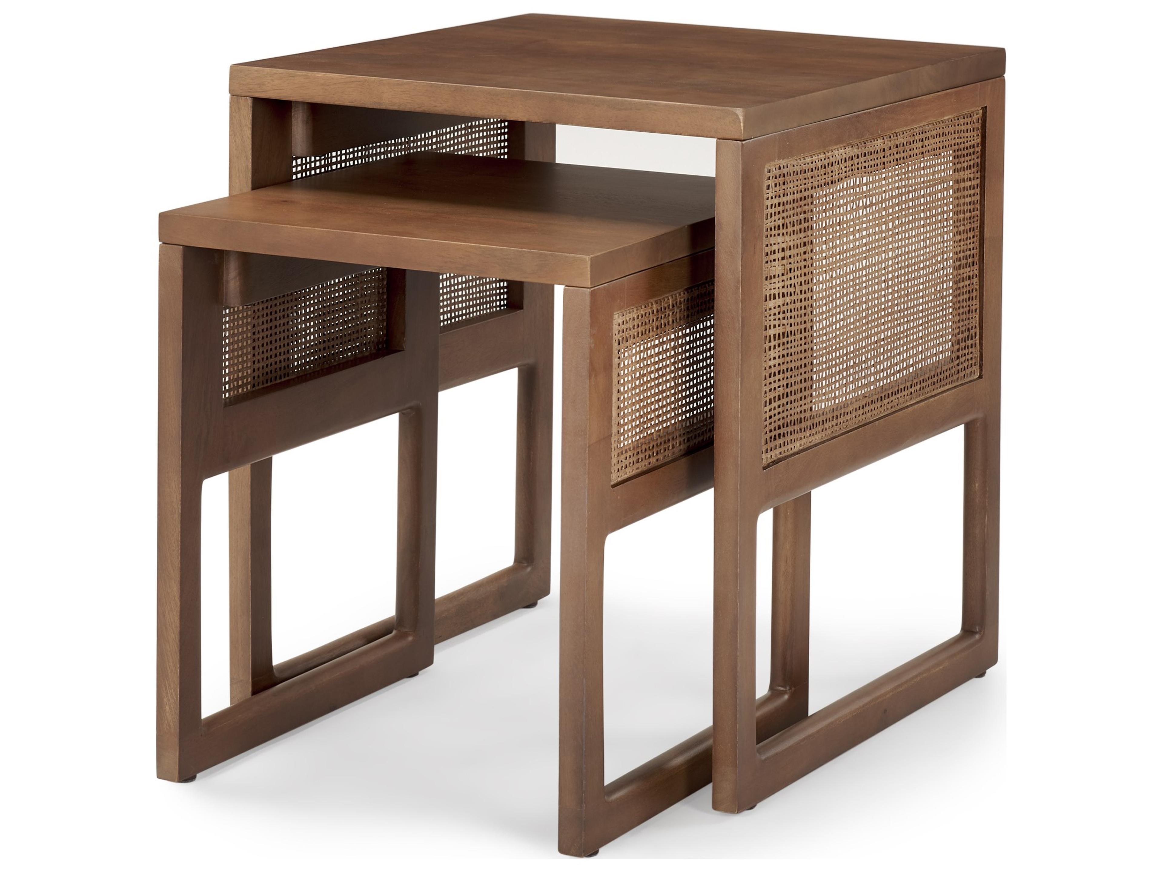 Grier Set of 2 Medium Brown Solid Wood w/ Cane Nesting Accent Tables