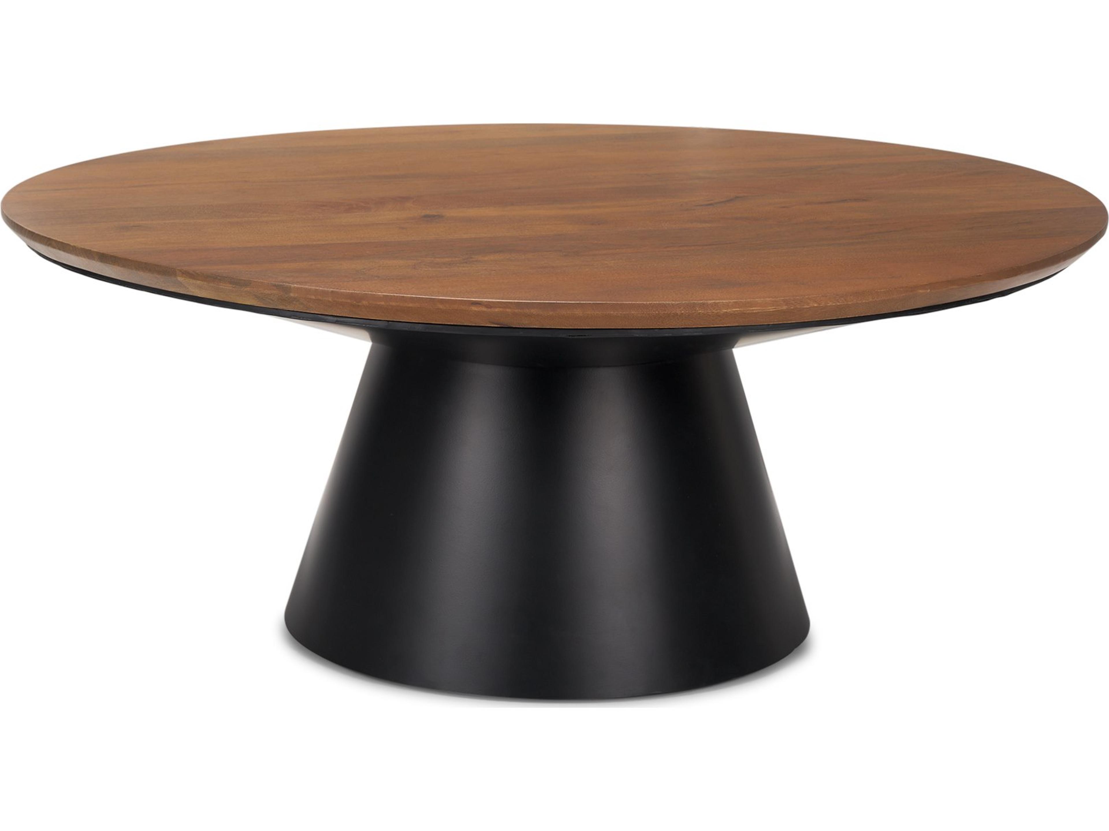 Mitchell 40.0L x 40.0W x 16.0H Black Metal Pedestal Base with Brown Wood Top Coffee Table