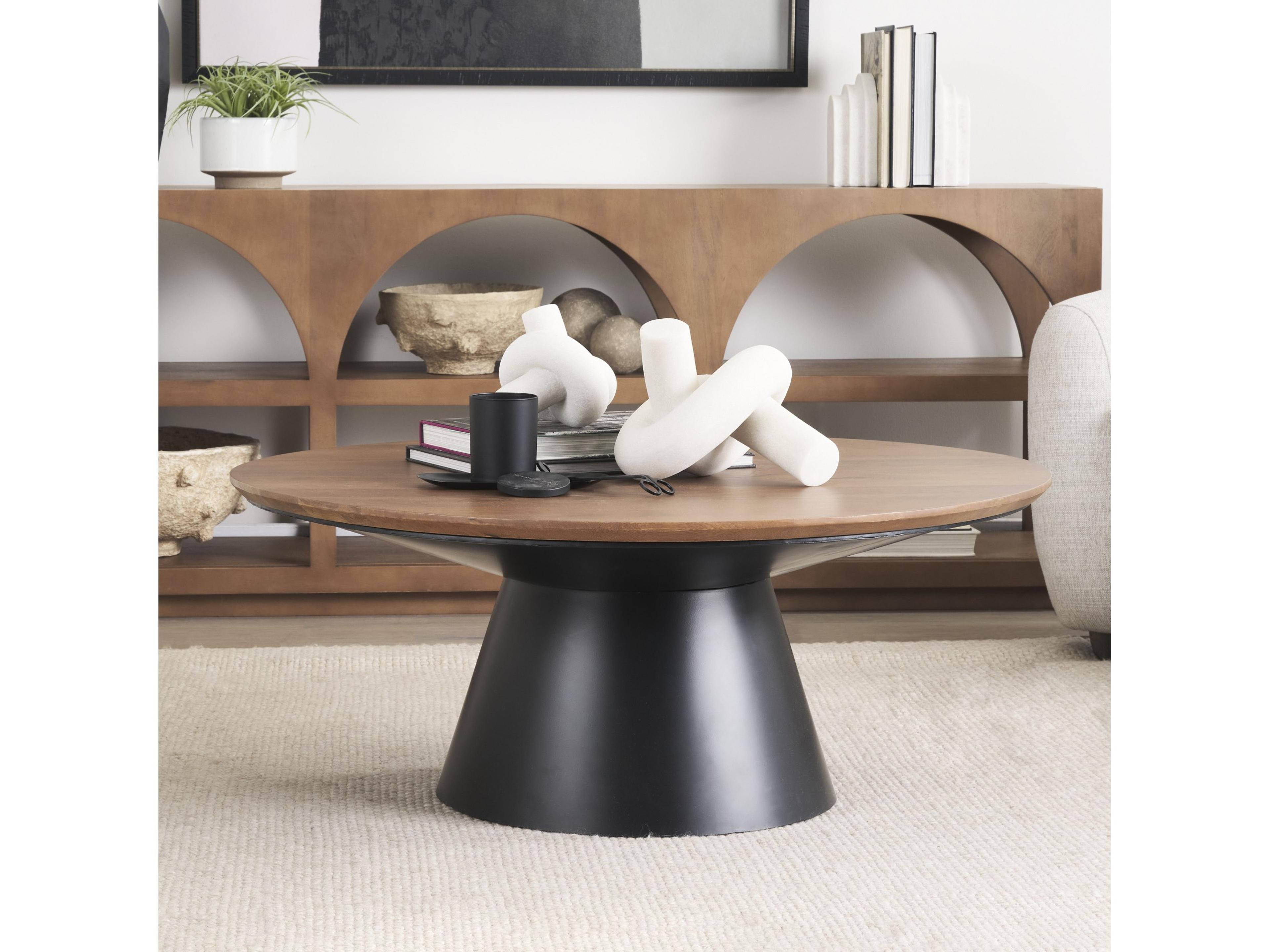 Mercana Mitchell 40.0L x 40.0W x 16.0H Black Metal Pedestal Base with Brown Wood Top Coffee Table
