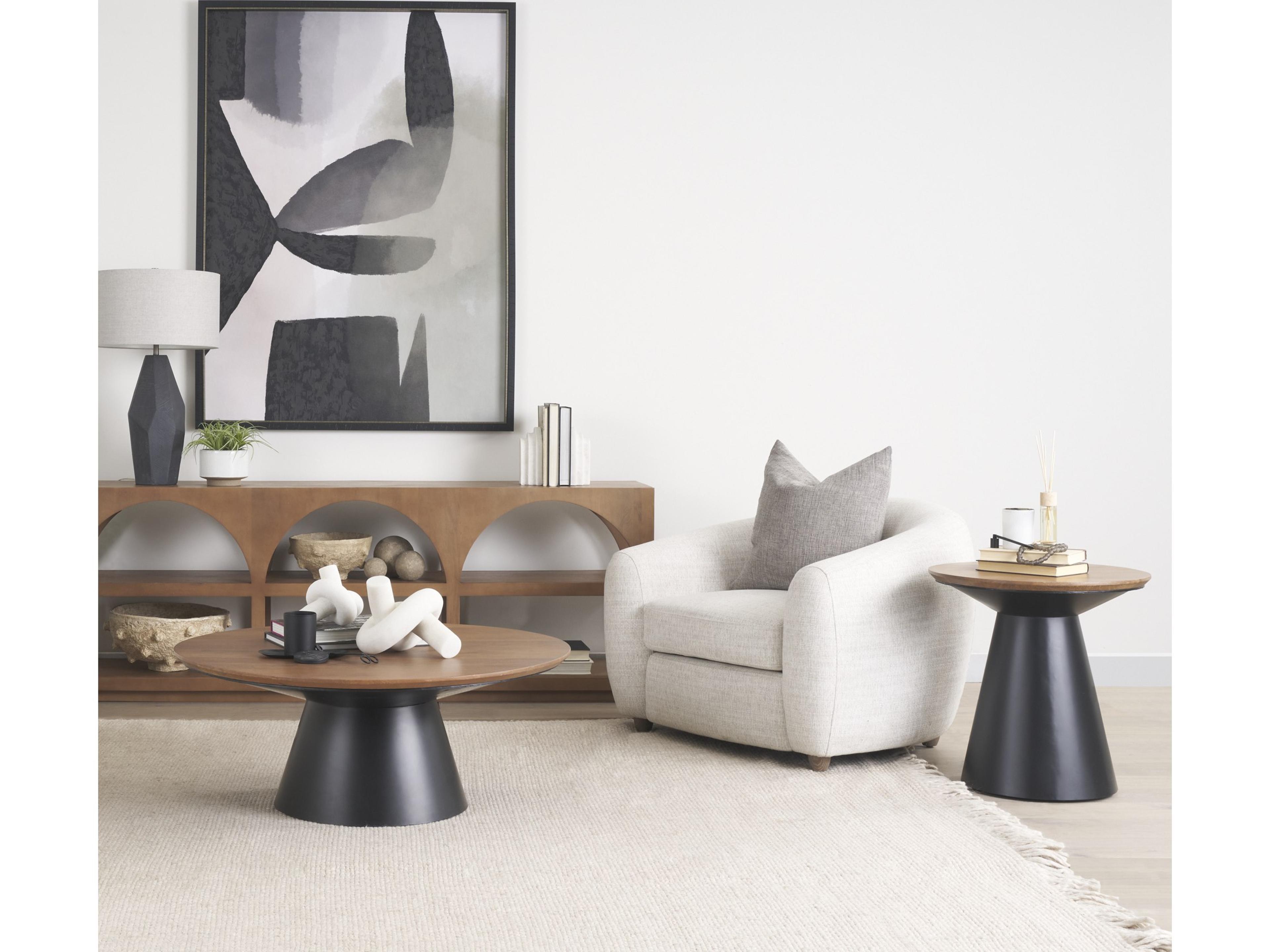 Mercana Mitchell 22.0L x 22.0W x 23.0H Black Metal Pedetal Base with Brown Wood Top Side Table