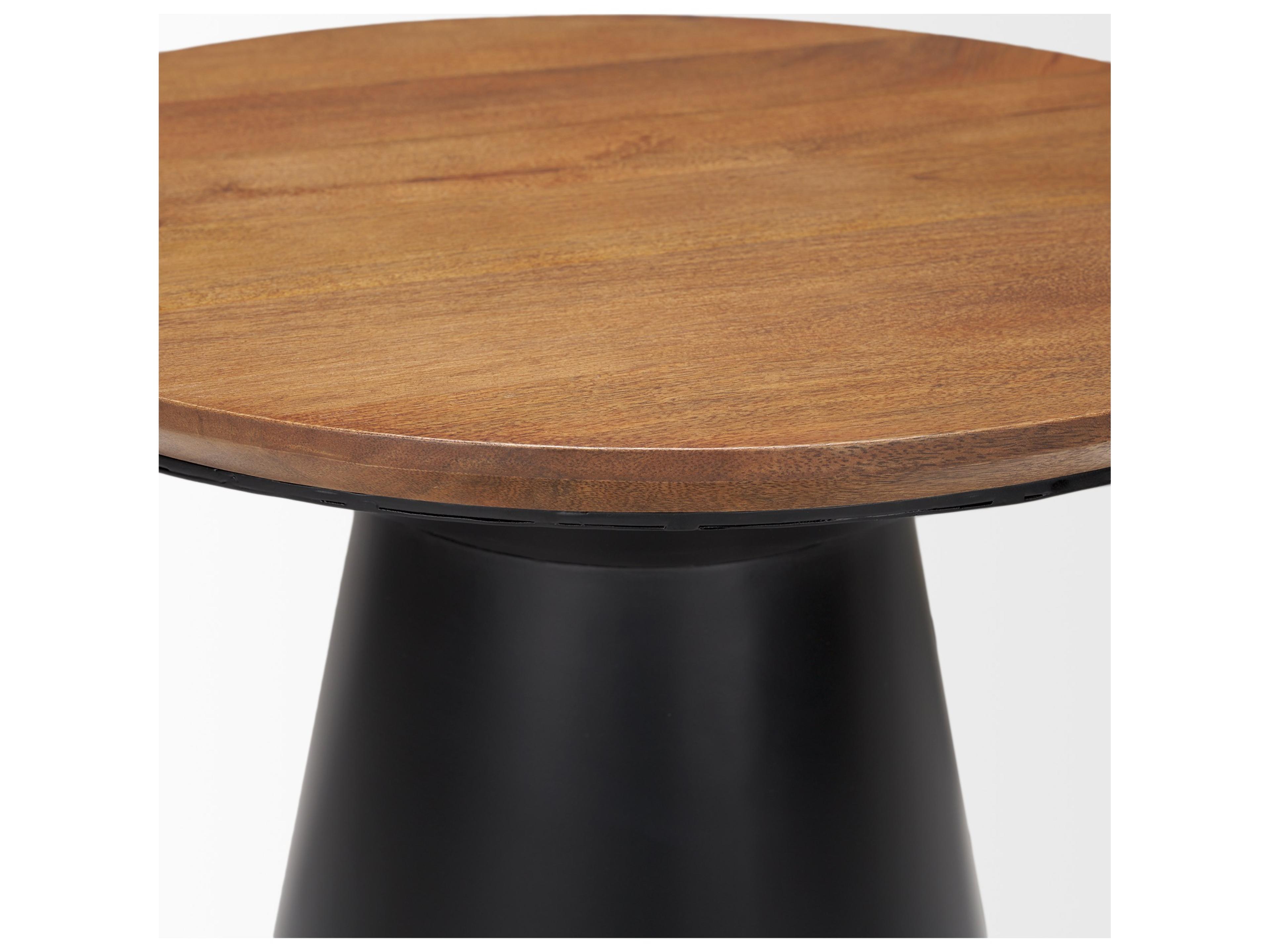 Mercana Mitchell 22.0L x 22.0W x 23.0H Black Metal Pedetal Base with Brown Wood Top Side Table