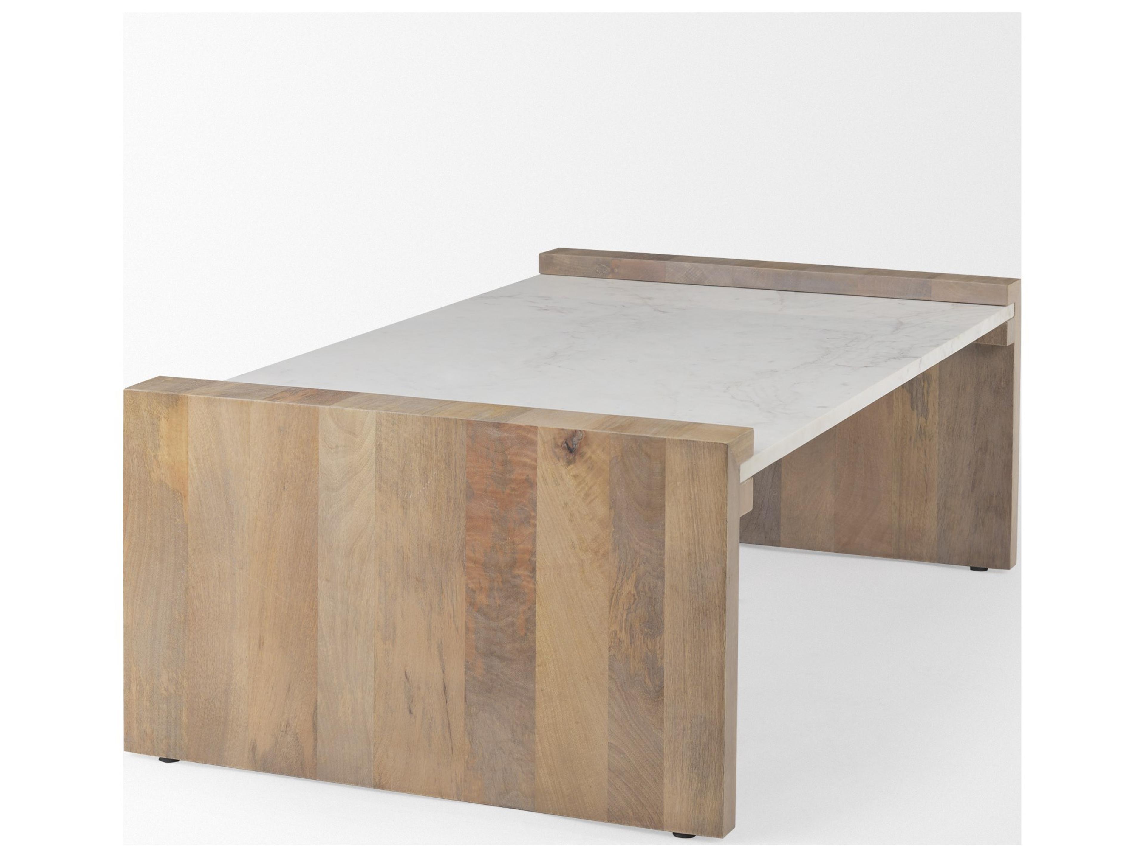 Mercana Athens  48.0L x 28.0W x 16.0H Light Brown Wood and White Marble Coffee Table