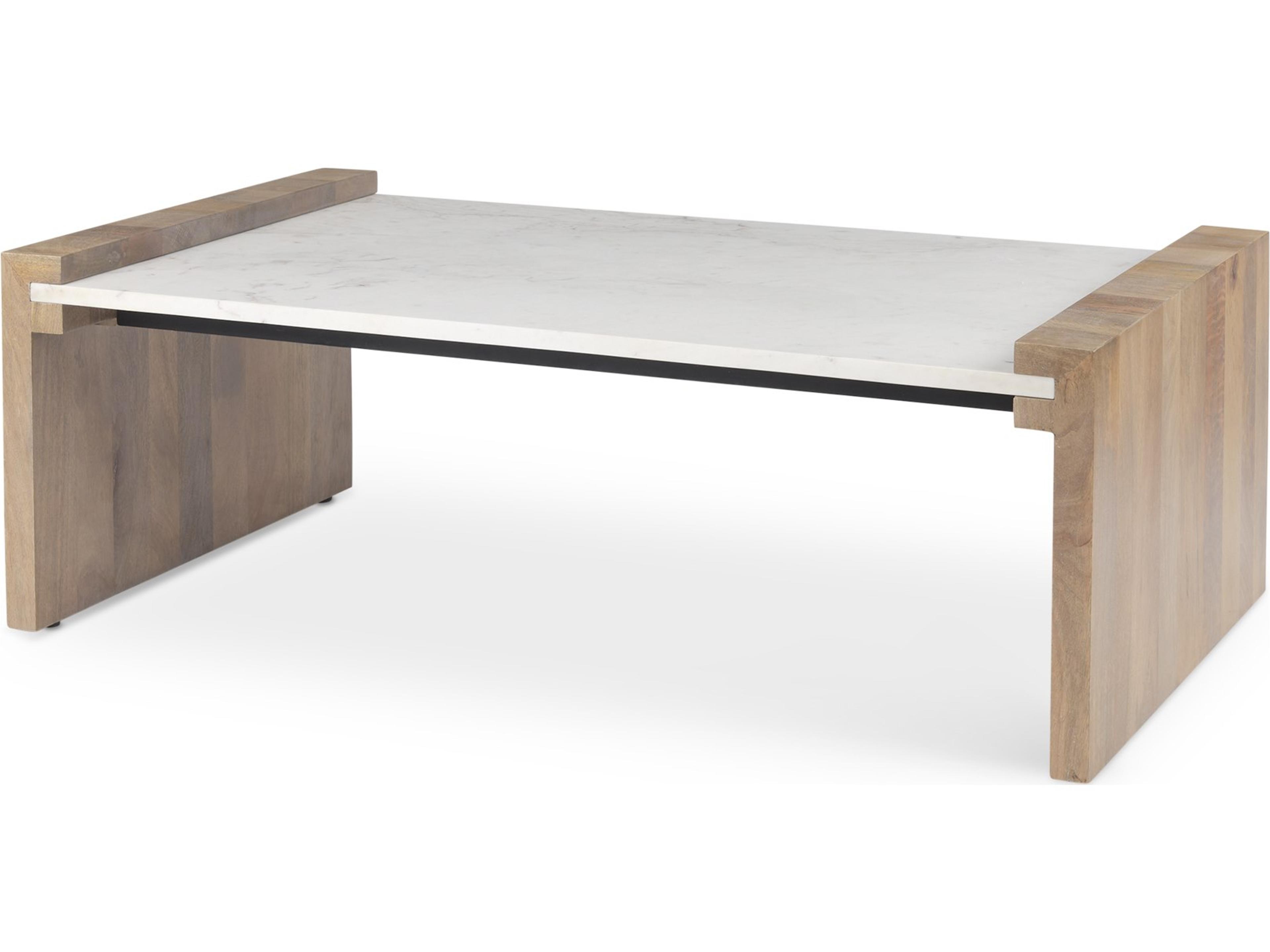 Athens  48.0L x 28.0W x 16.0H Light Brown Wood and White Marble Coffee Table
