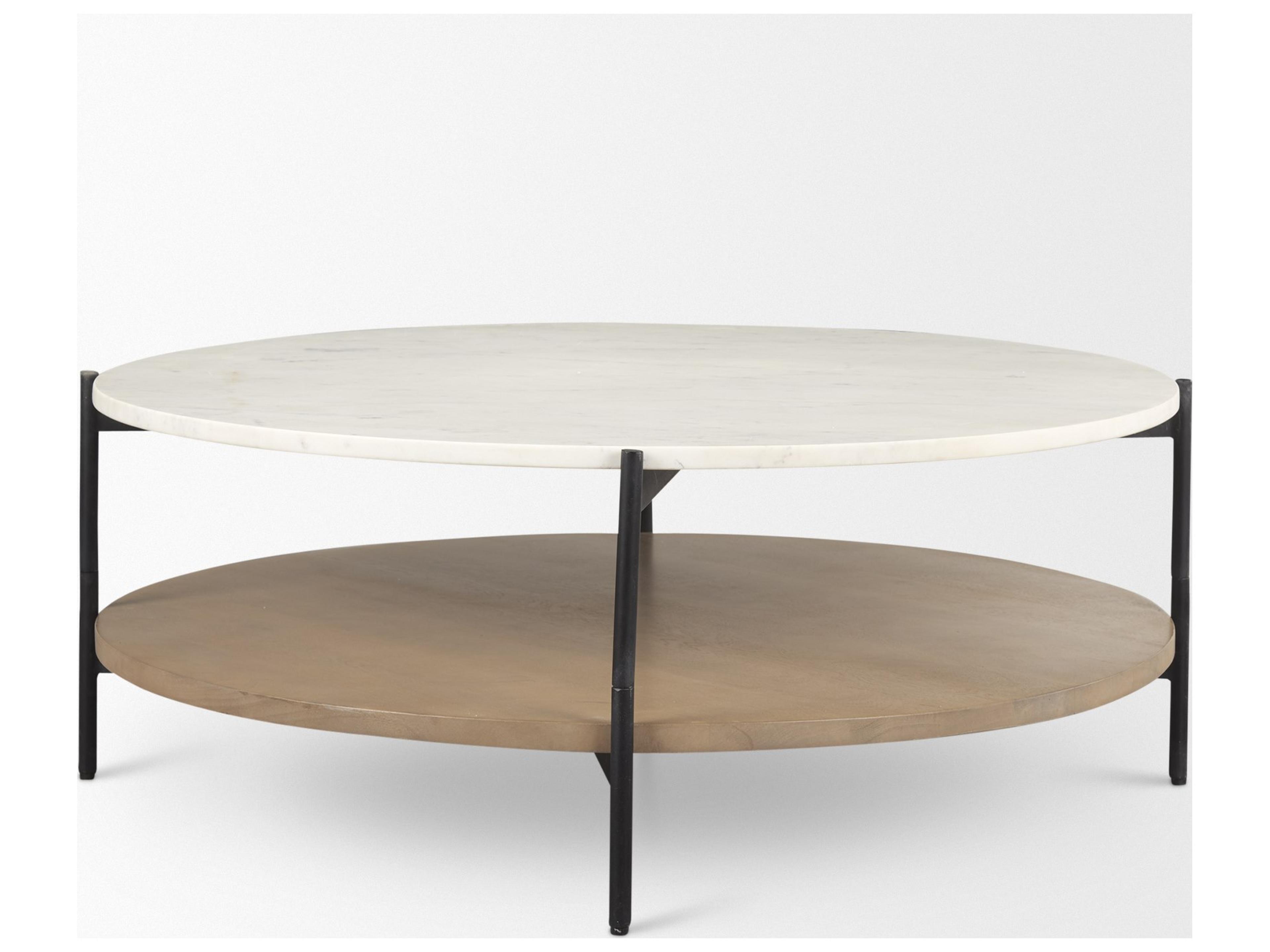 Mercana Larkin Marble Top w/ Brown Wood Shelf Round Coffee Table