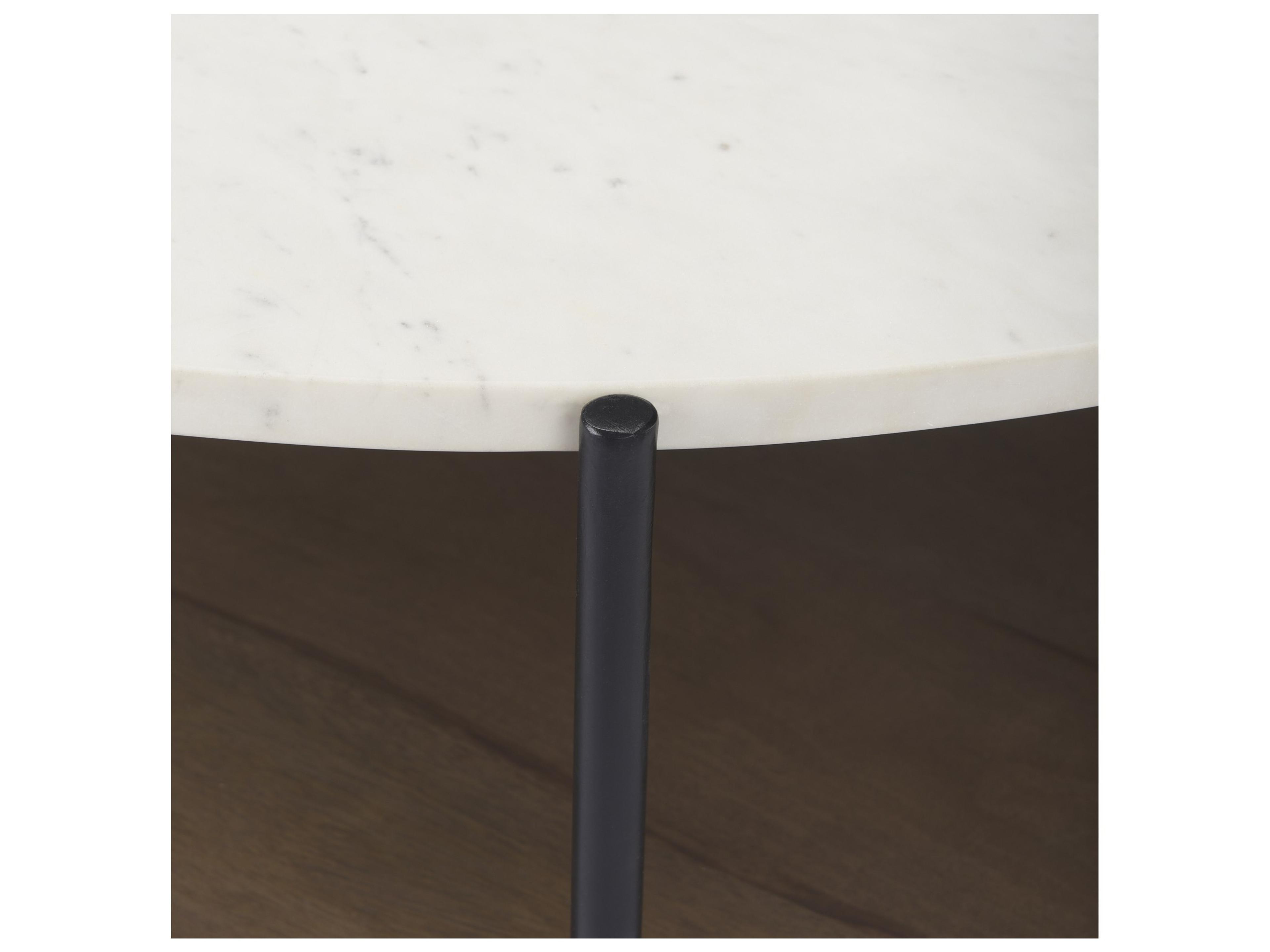 Mercana Larkin 42" Round Two-Tier White Marble Top and Solid Wood Shelf w/ Black Metal Frame Coffee Table