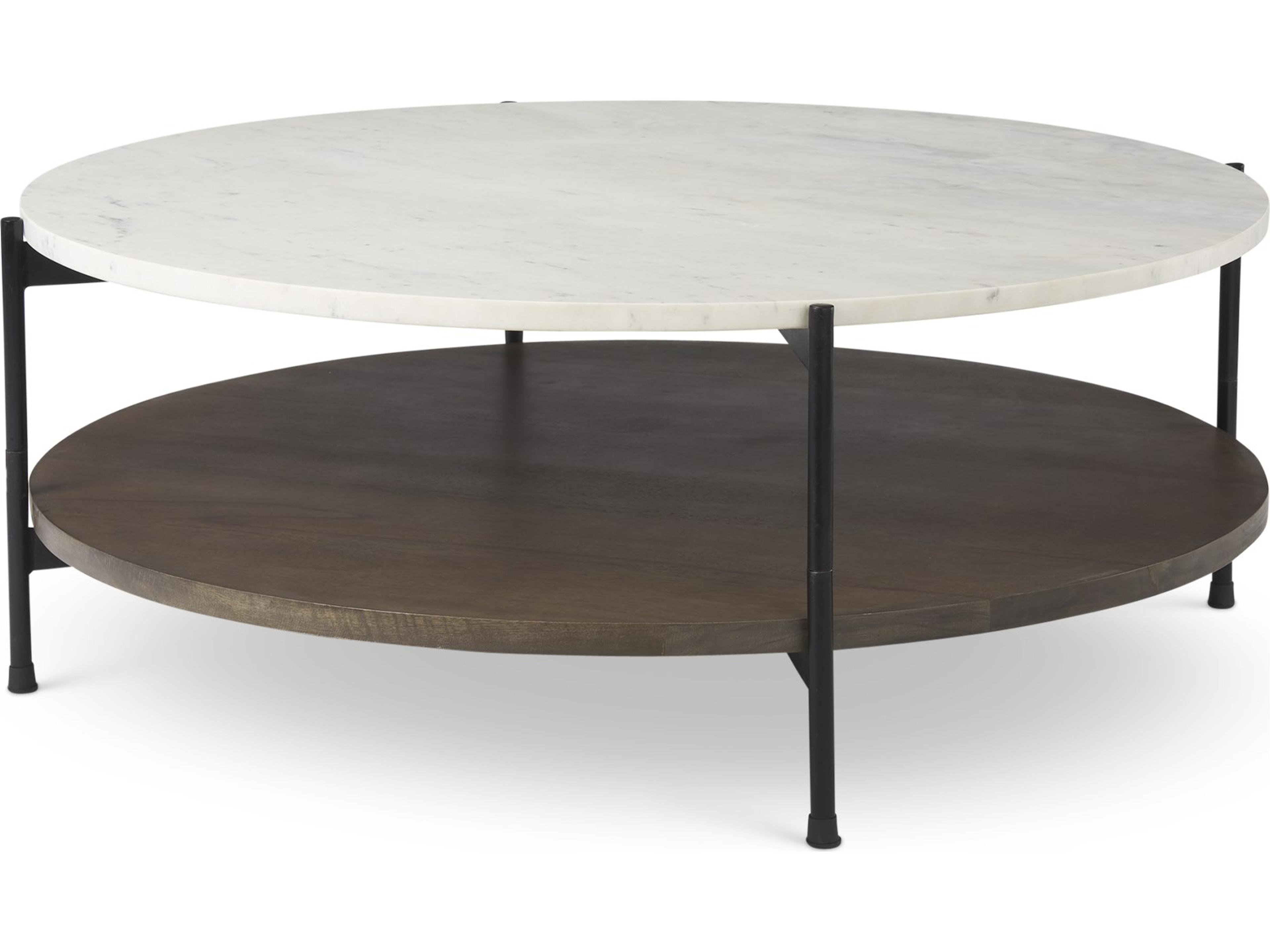 Larkin 42" Round Two-Tier White Marble Top and Solid Wood Shelf w/ Black Metal Frame Coffee Table