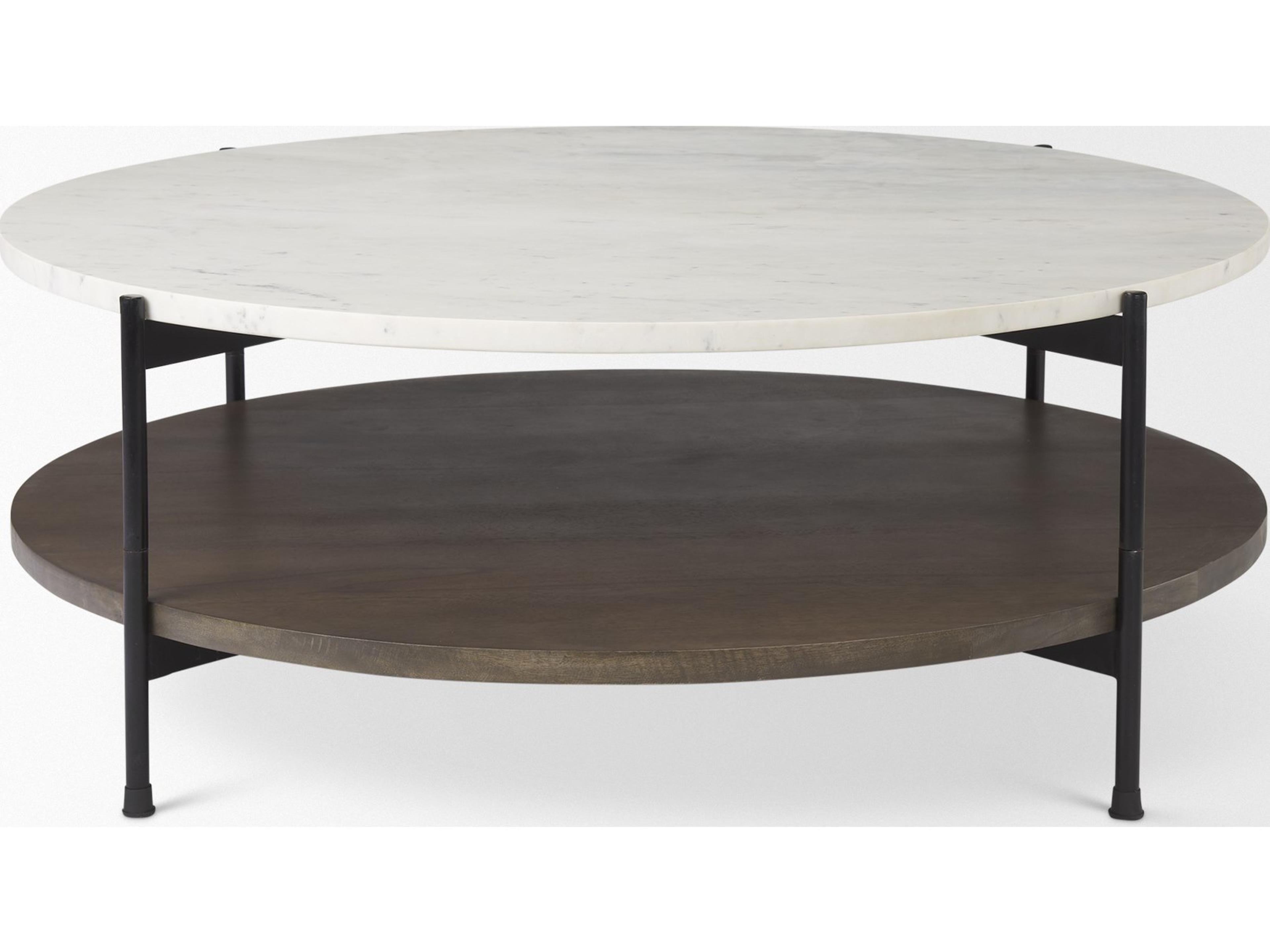 Mercana Larkin 42" Round Two-Tier White Marble Top and Solid Wood Shelf w/ Black Metal Frame Coffee Table