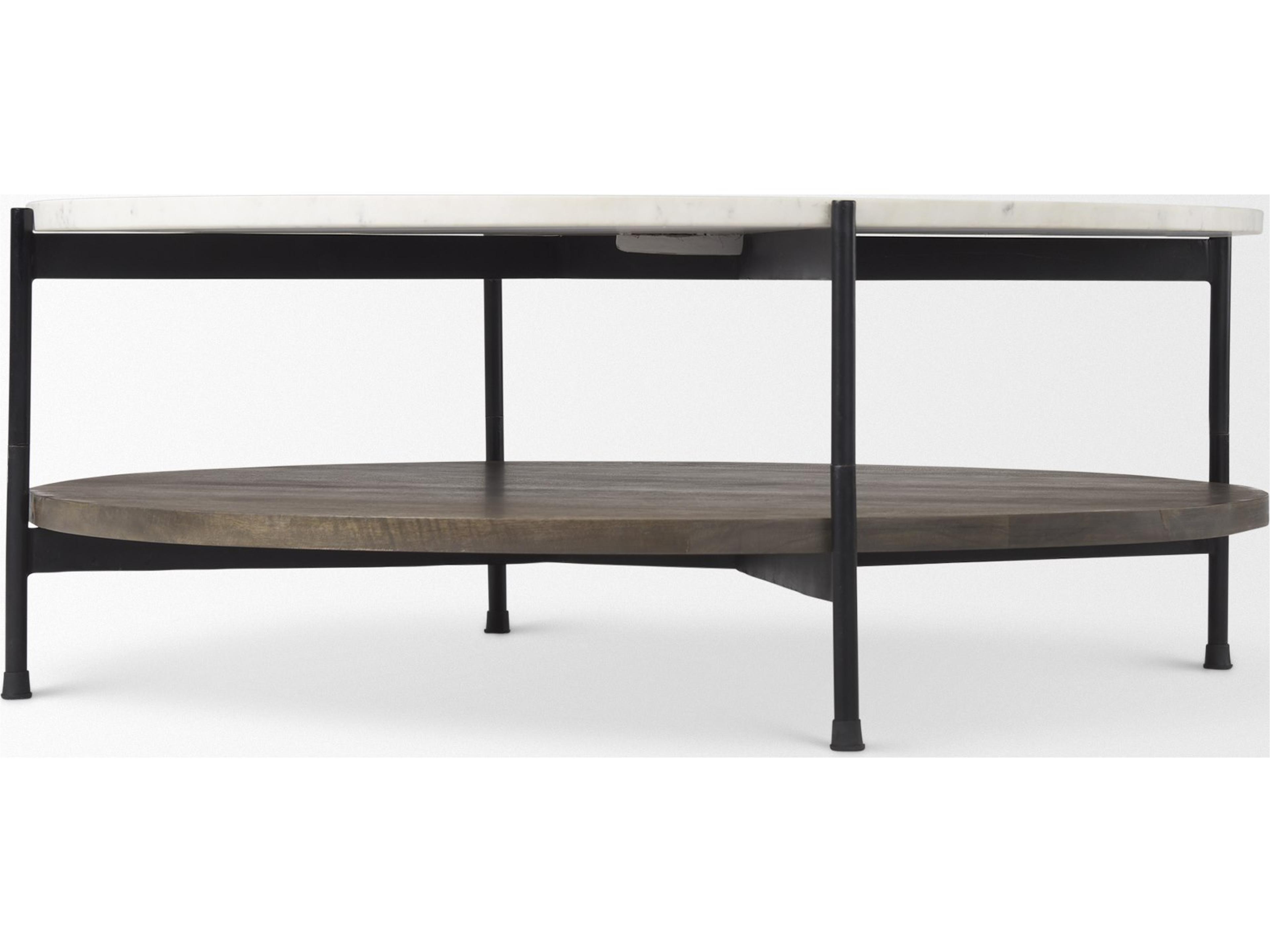 Mercana Larkin 42" Round Two-Tier White Marble Top and Solid Wood Shelf w/ Black Metal Frame Coffee Table