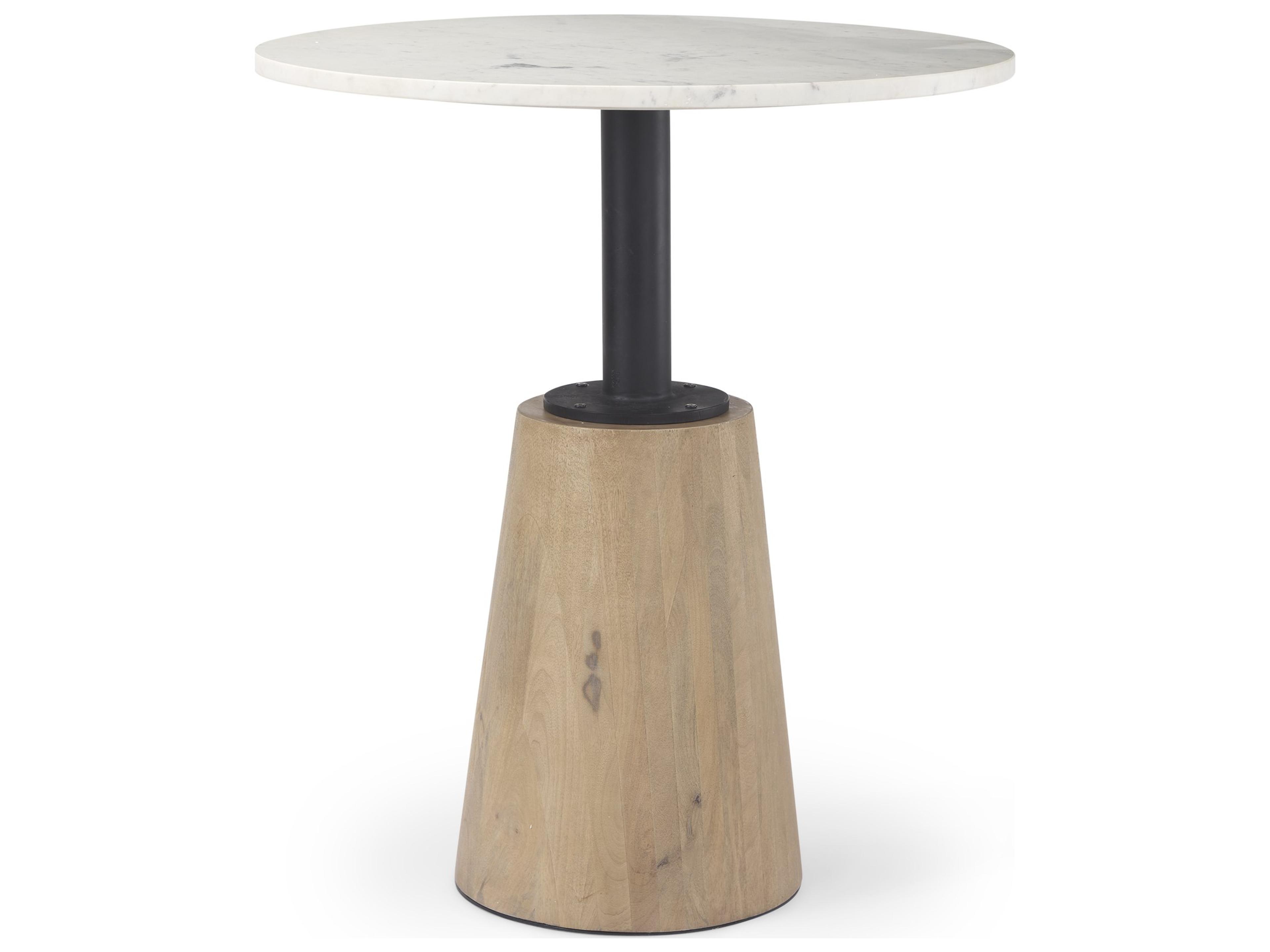 Maxwell 32" Round White Marble Tabletop w/ Blonde Wood & Black Metal Accent Pedestal Bistro Table