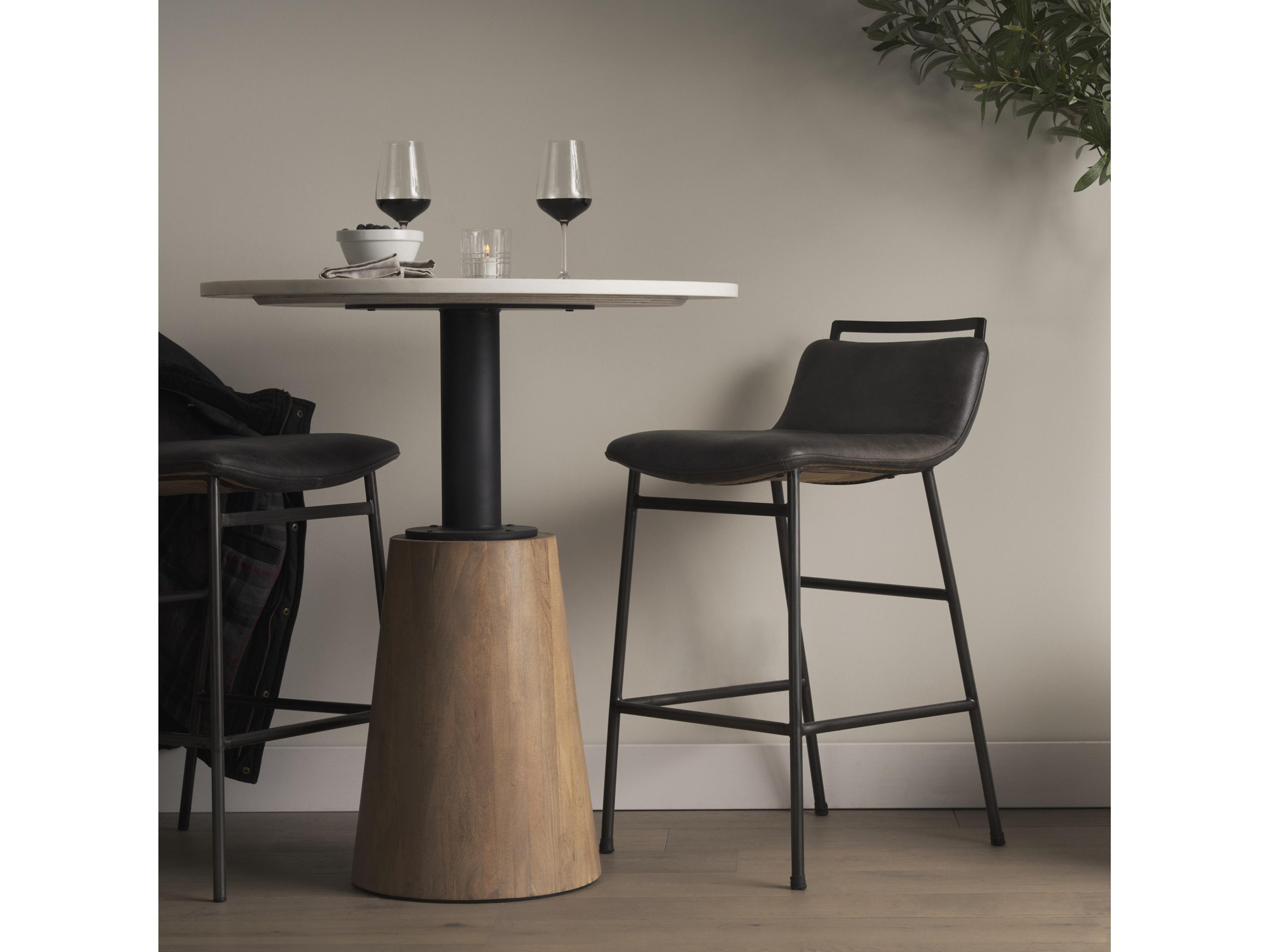 Mercana Maxwell 32" Round White Marble Tabletop w/ Blonde Wood & Black Metal Accent Pedestal Bistro Table