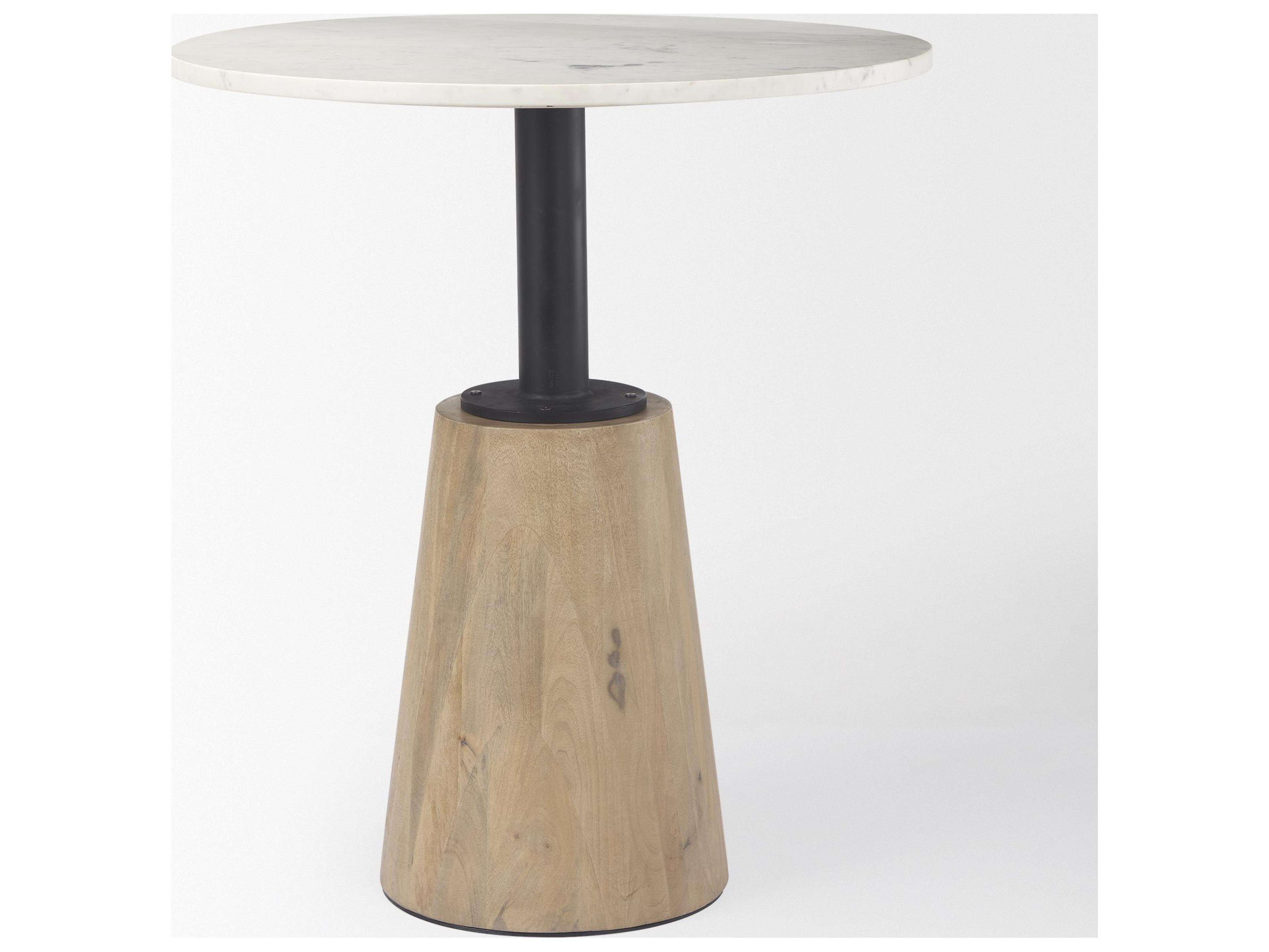Mercana Maxwell 32" Round White Marble Tabletop w/ Blonde Wood & Black Metal Accent Pedestal Bistro Table