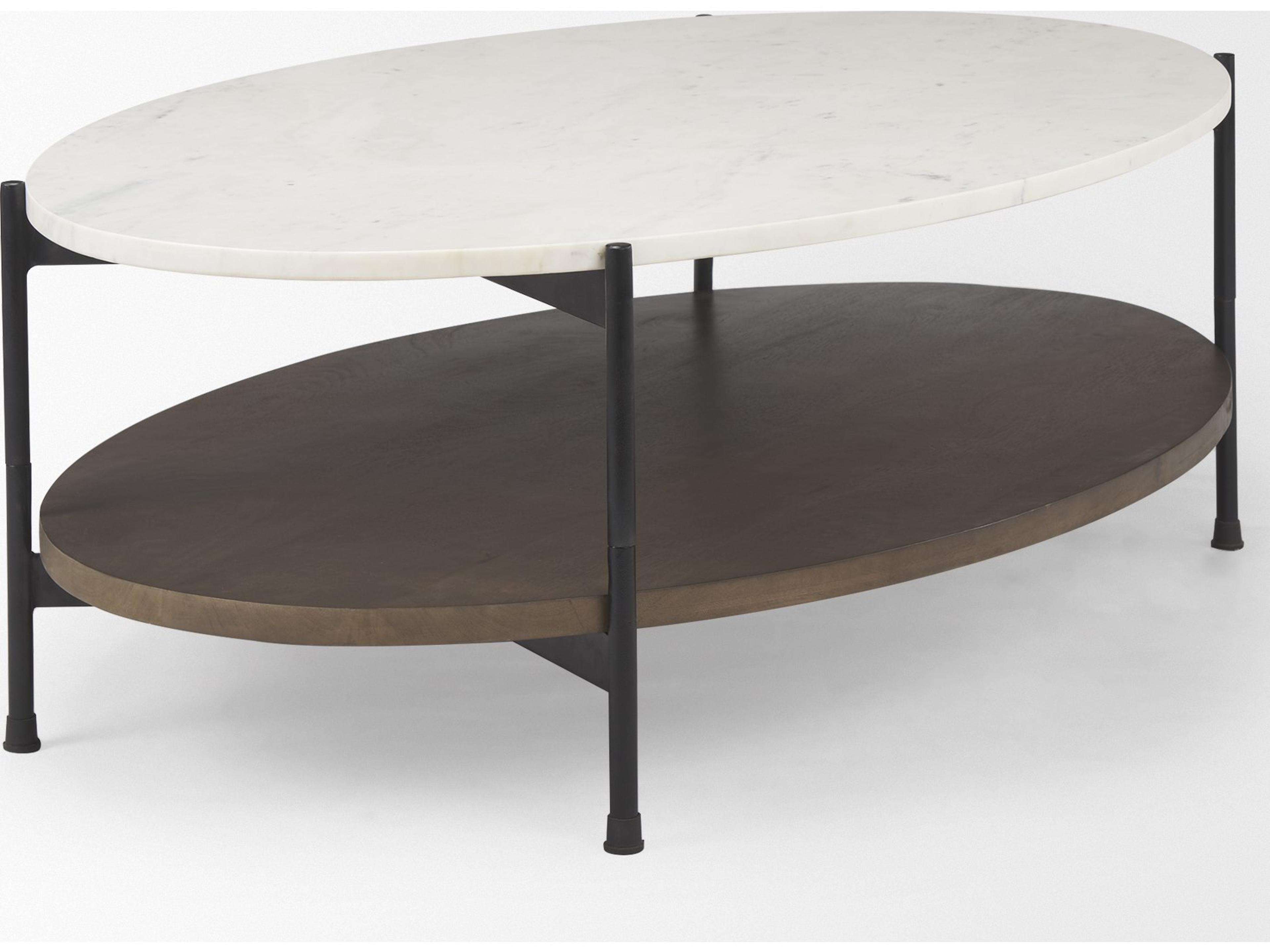 Mercana Larkin White Marble Top w/ Dark Brown Wood Shelf Oval Coffee Table