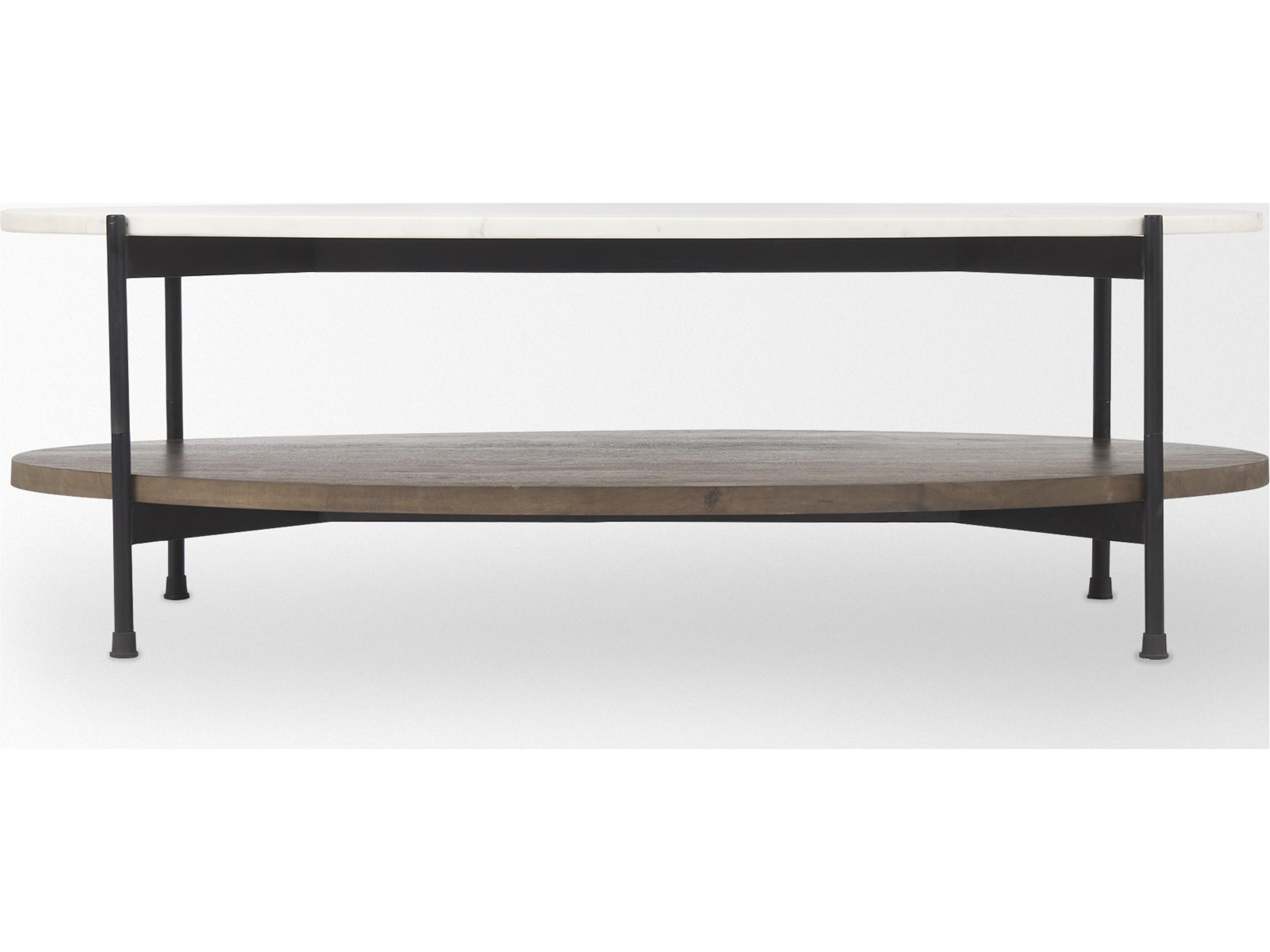 Mercana Larkin White Marble Top w/ Dark Brown Wood Shelf Oval Coffee Table