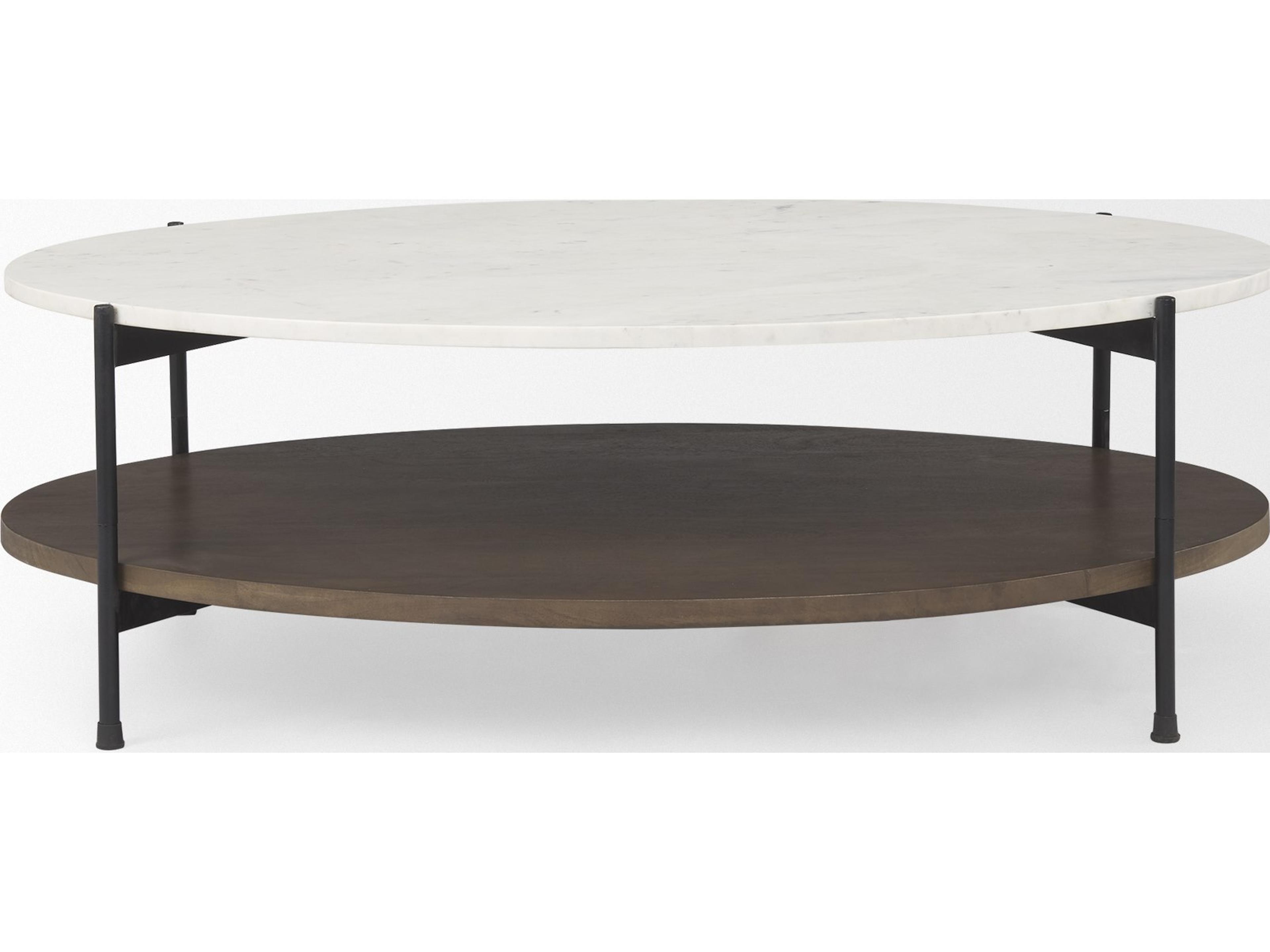 Mercana Larkin White Marble Top w/ Dark Brown Wood Shelf Oval Coffee Table