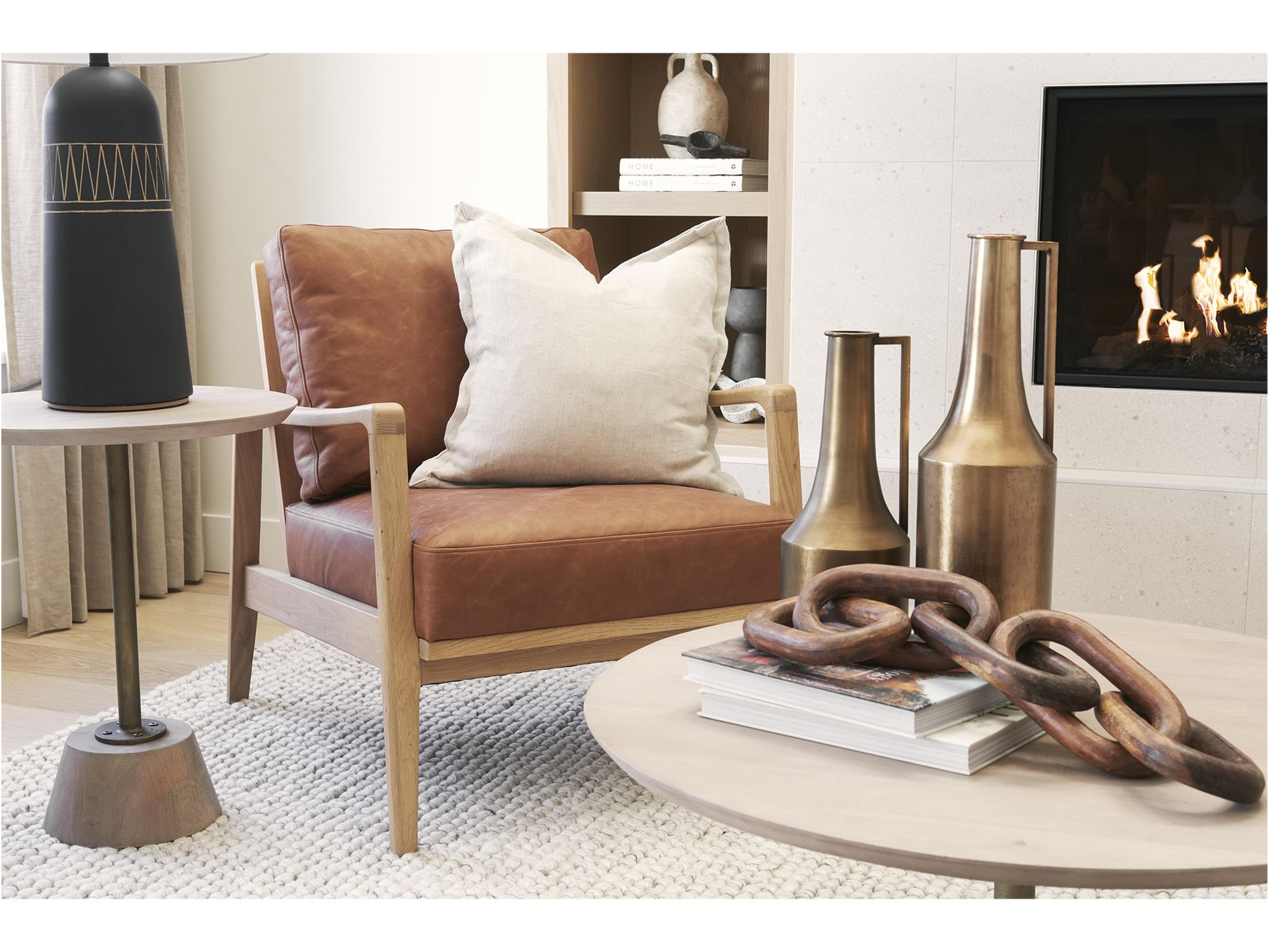 Mercana Raeleigh 28.0L x 34.1W x 34.4H Cognac Leather W/ Light Brown Wood Frame Accent Chair