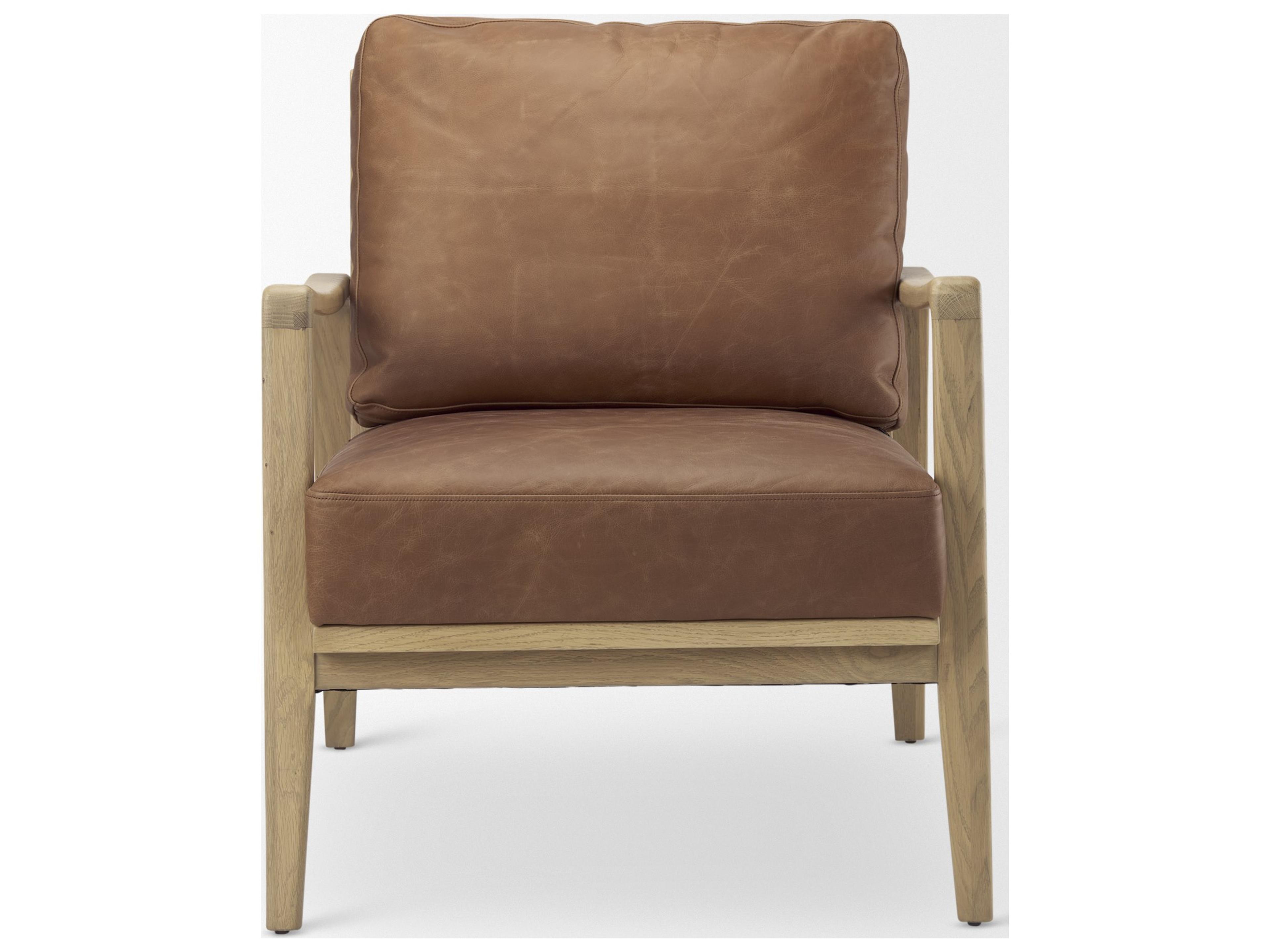 Mercana Raeleigh 28.0L x 34.1W x 34.4H Cognac Leather W/ Light Brown Wood Frame Accent Chair