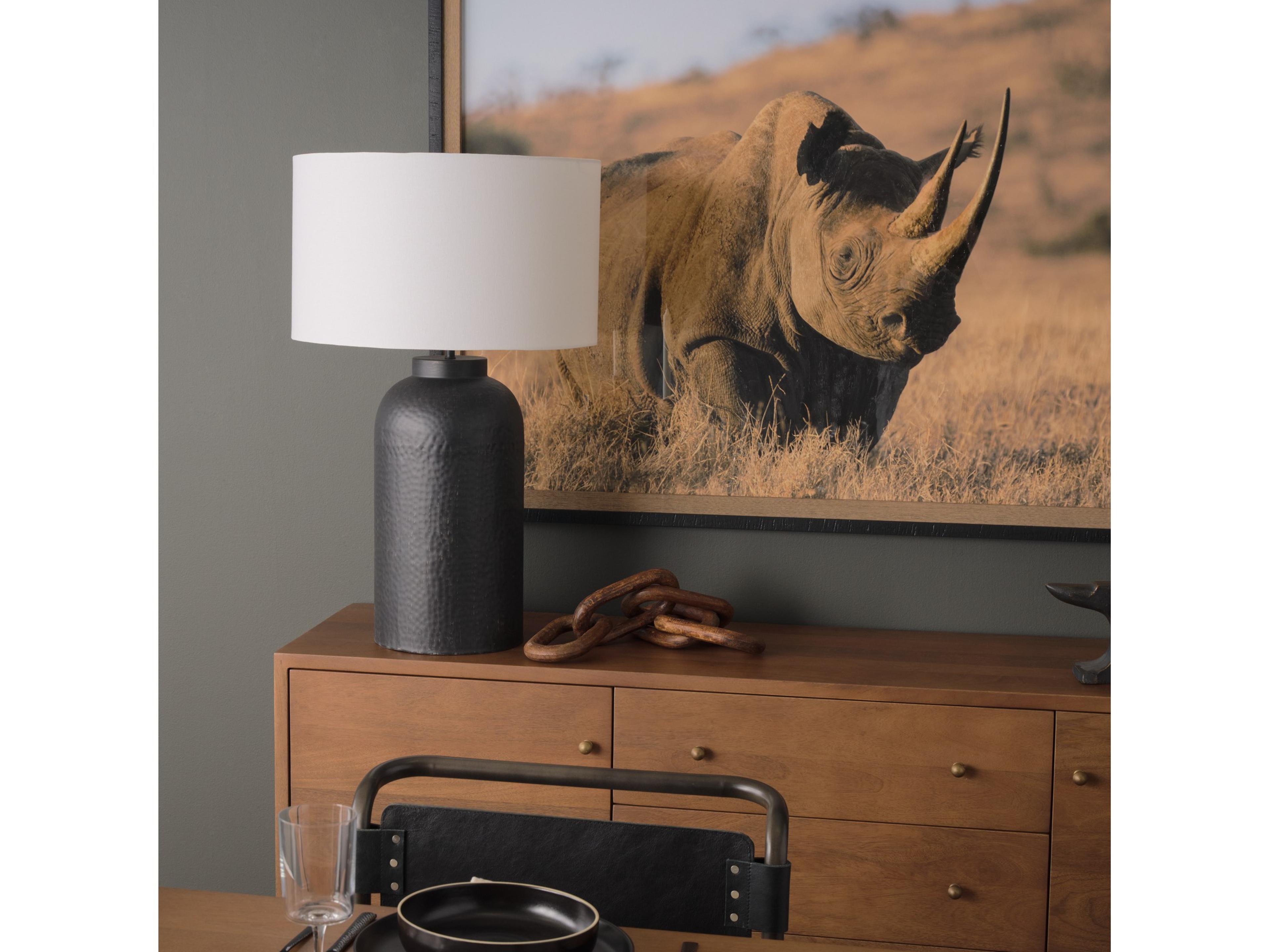 Mercana Leo 18.0L x 18.0W x 31.0H Black Hammered W/White Fabric Shade Table Lamp