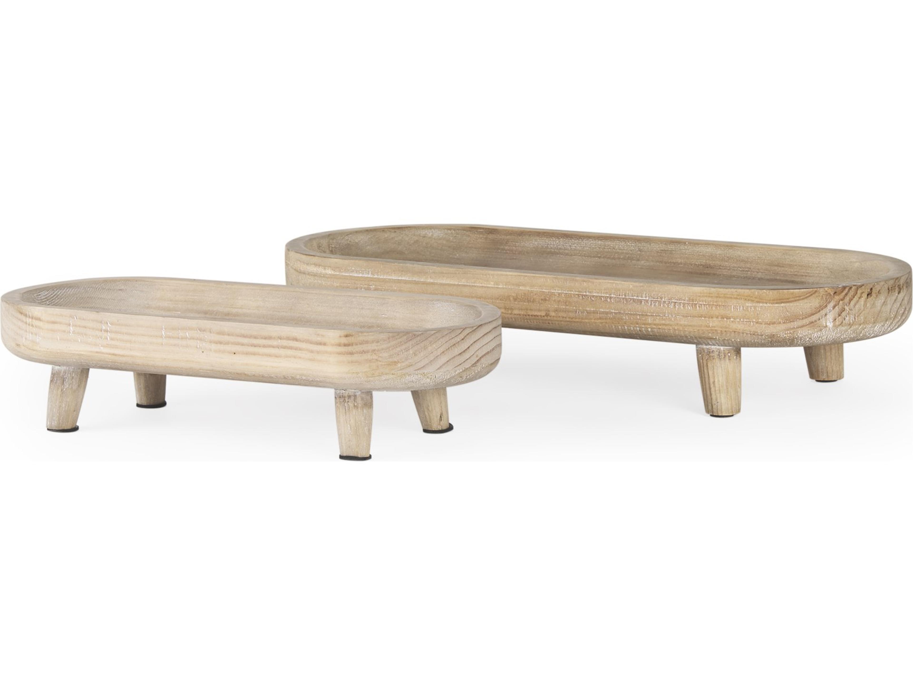 Carver Set of 2 Oblong White Washed Wood Footed Trays