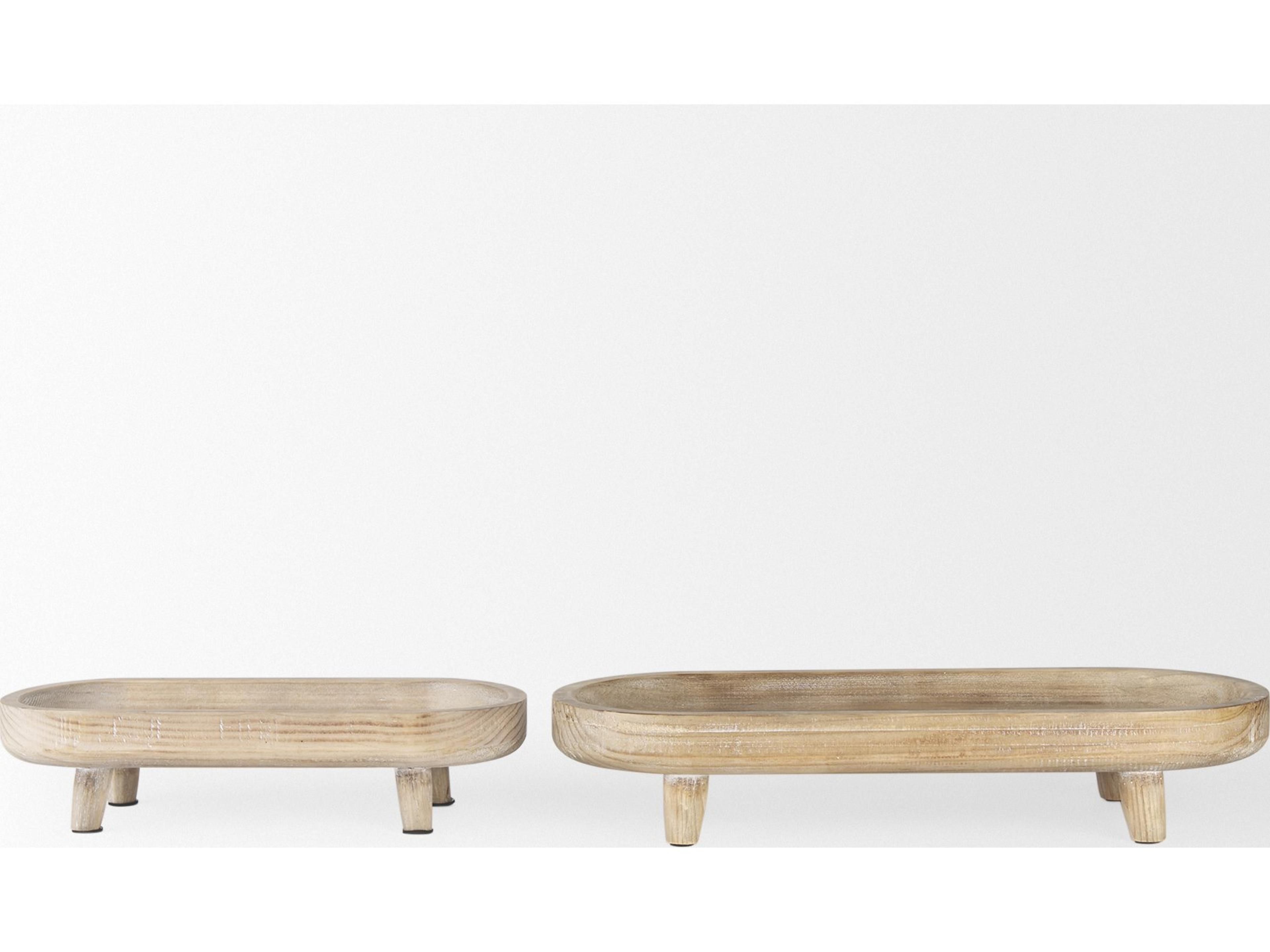 Mercana Carver Set of 2 Oblong White Washed Wood Footed Trays