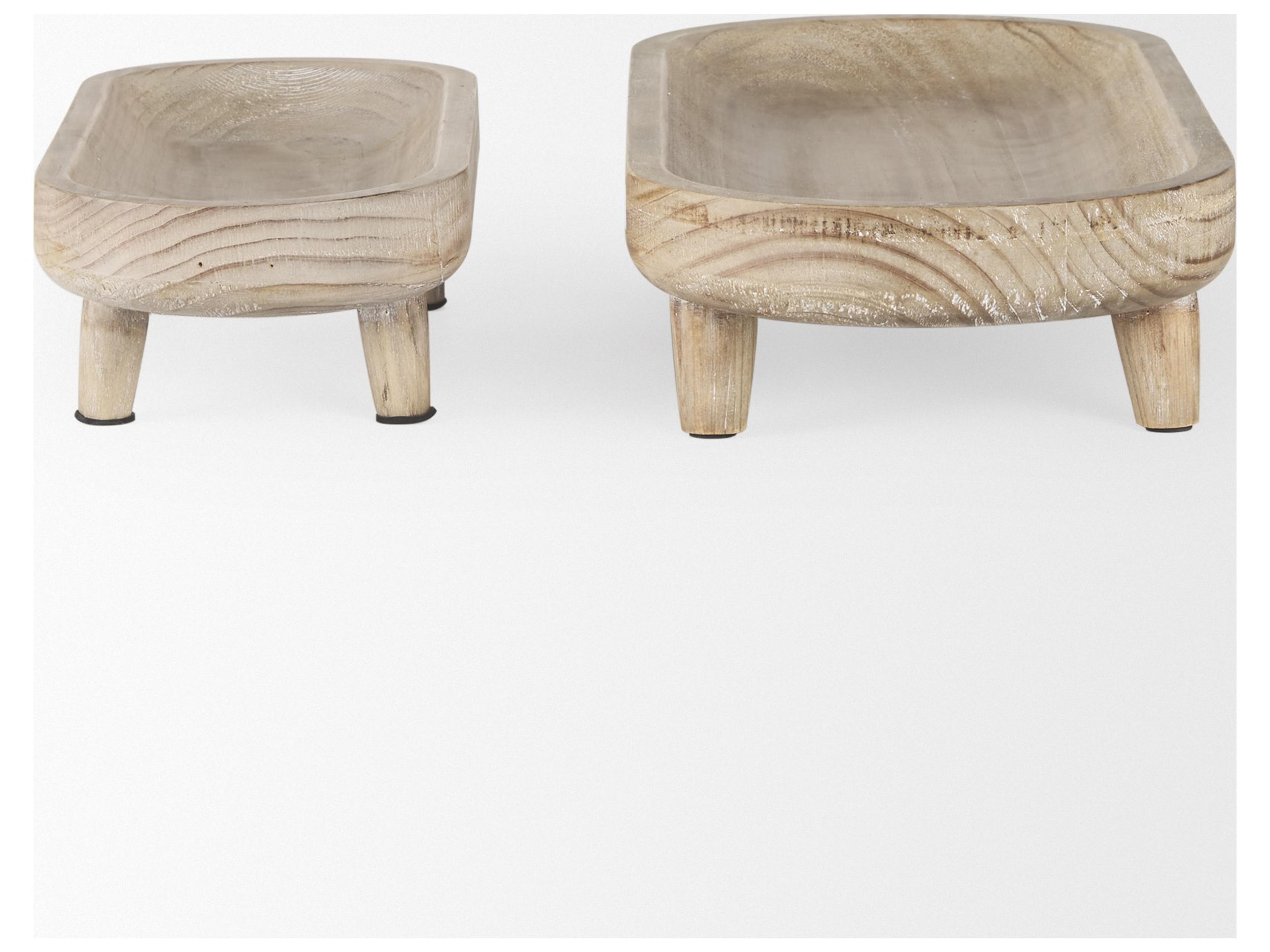 Mercana Carver Set of 2 Oblong White Washed Wood Footed Trays