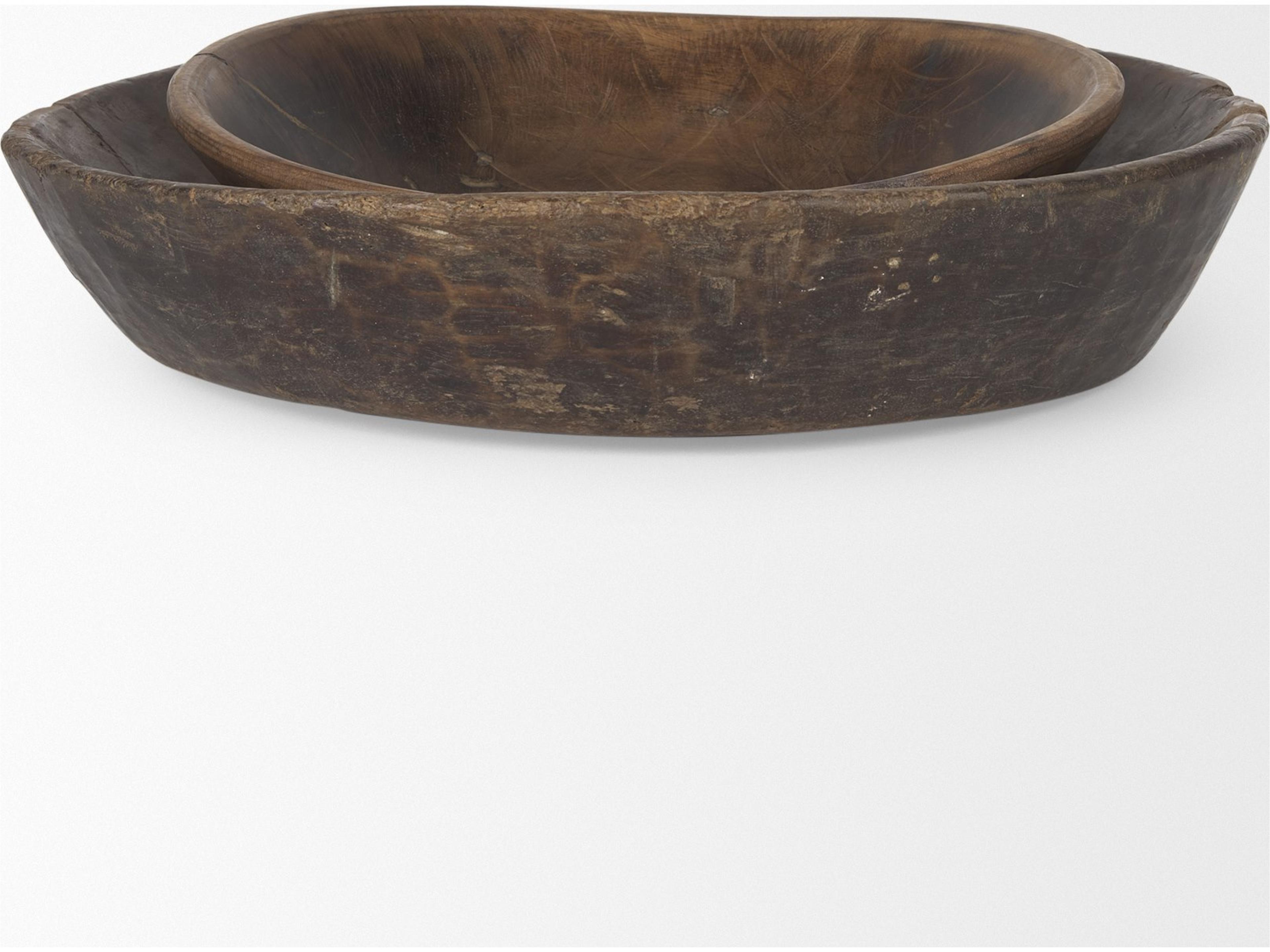 Mercana Nikita Set of 2 Large Medium Brown Reclaimed Wood Bowls