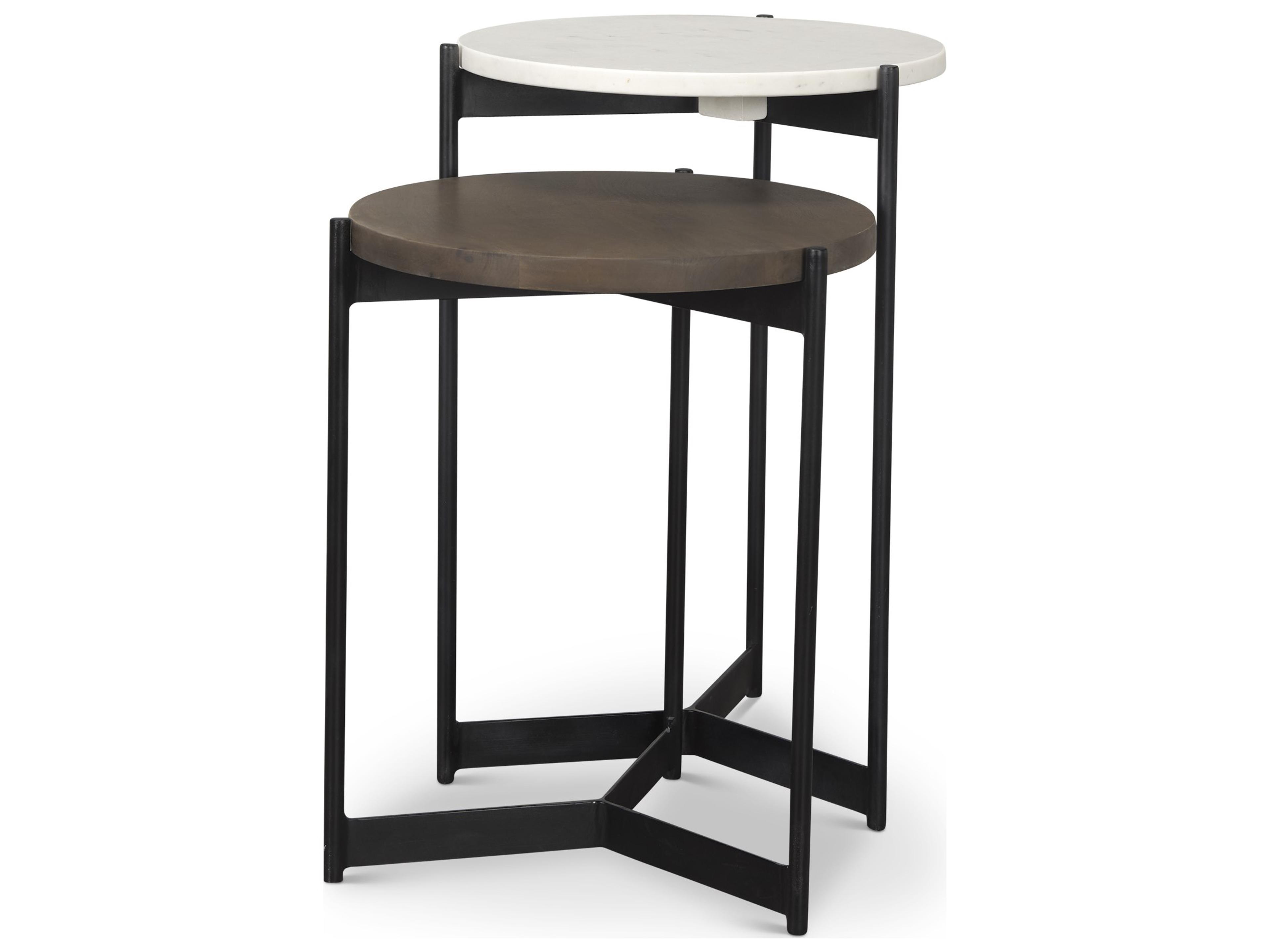 Larkin Marble & Dark Brown Wood Tabletop Nesting End/Side Tables