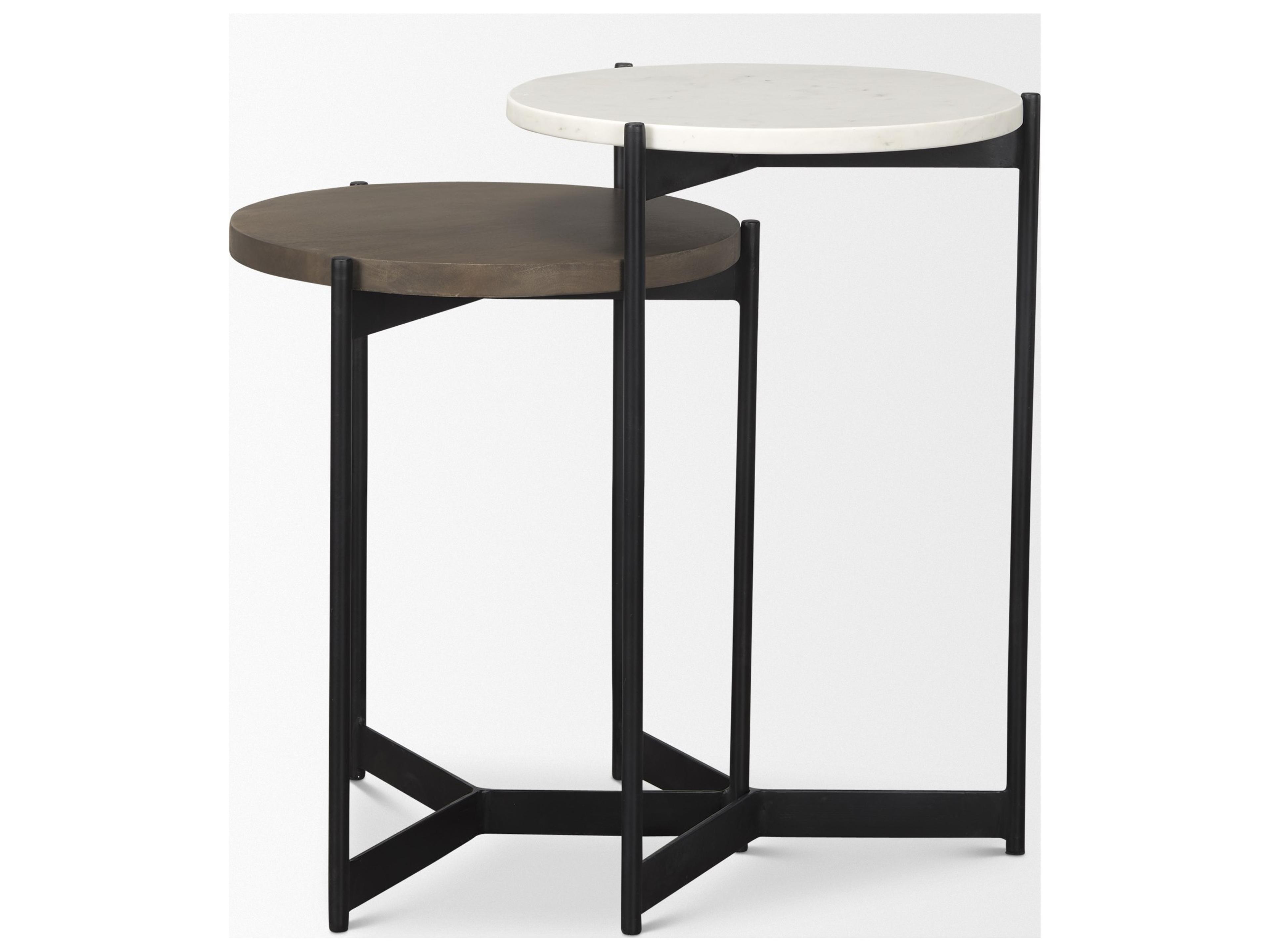 Mercana Larkin Marble & Dark Brown Wood Tabletop Nesting End/Side Tables