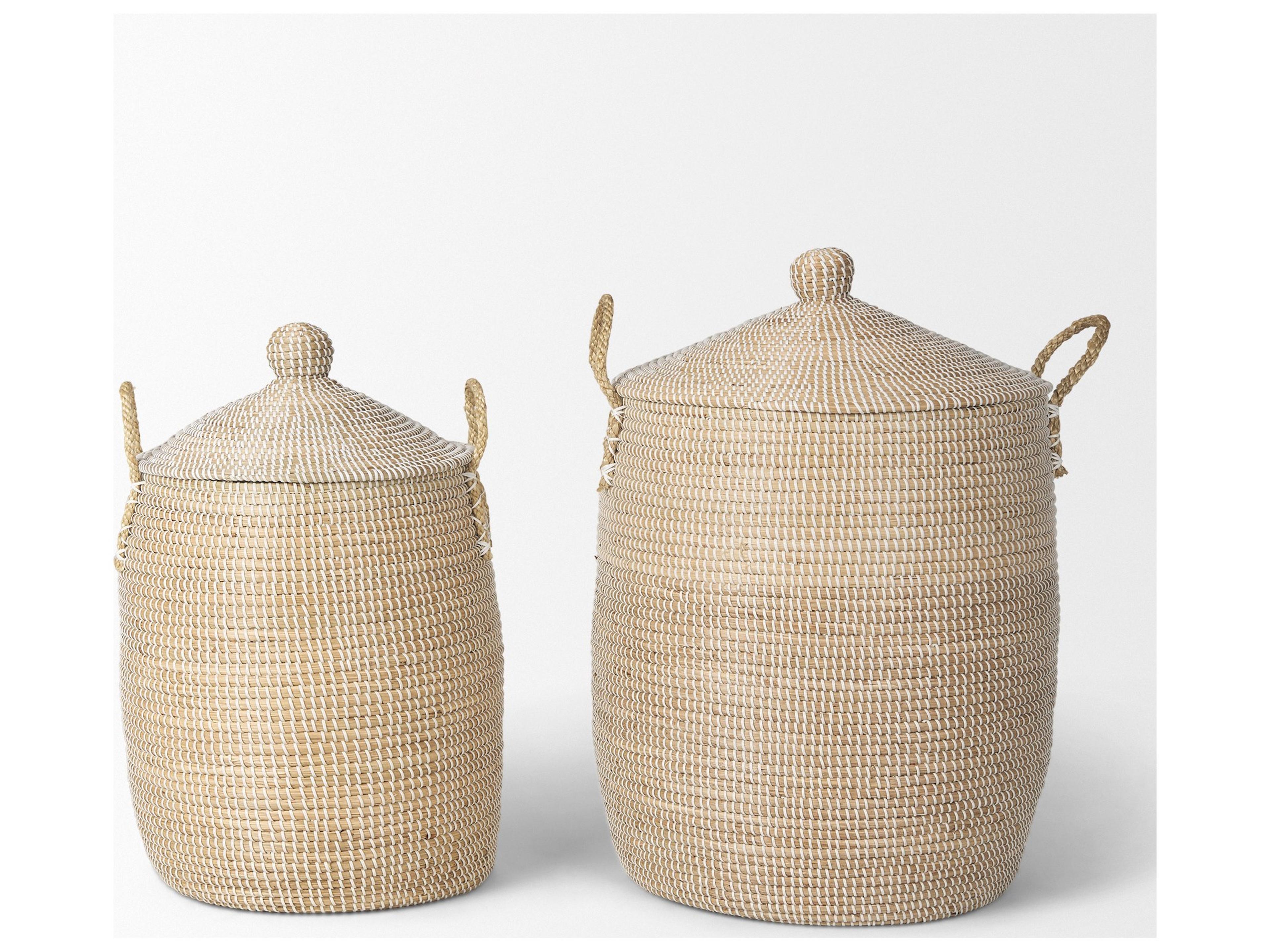 Mercana Kairi Set of 2 Seagrass Floor Baskets w/ Lids and Handles