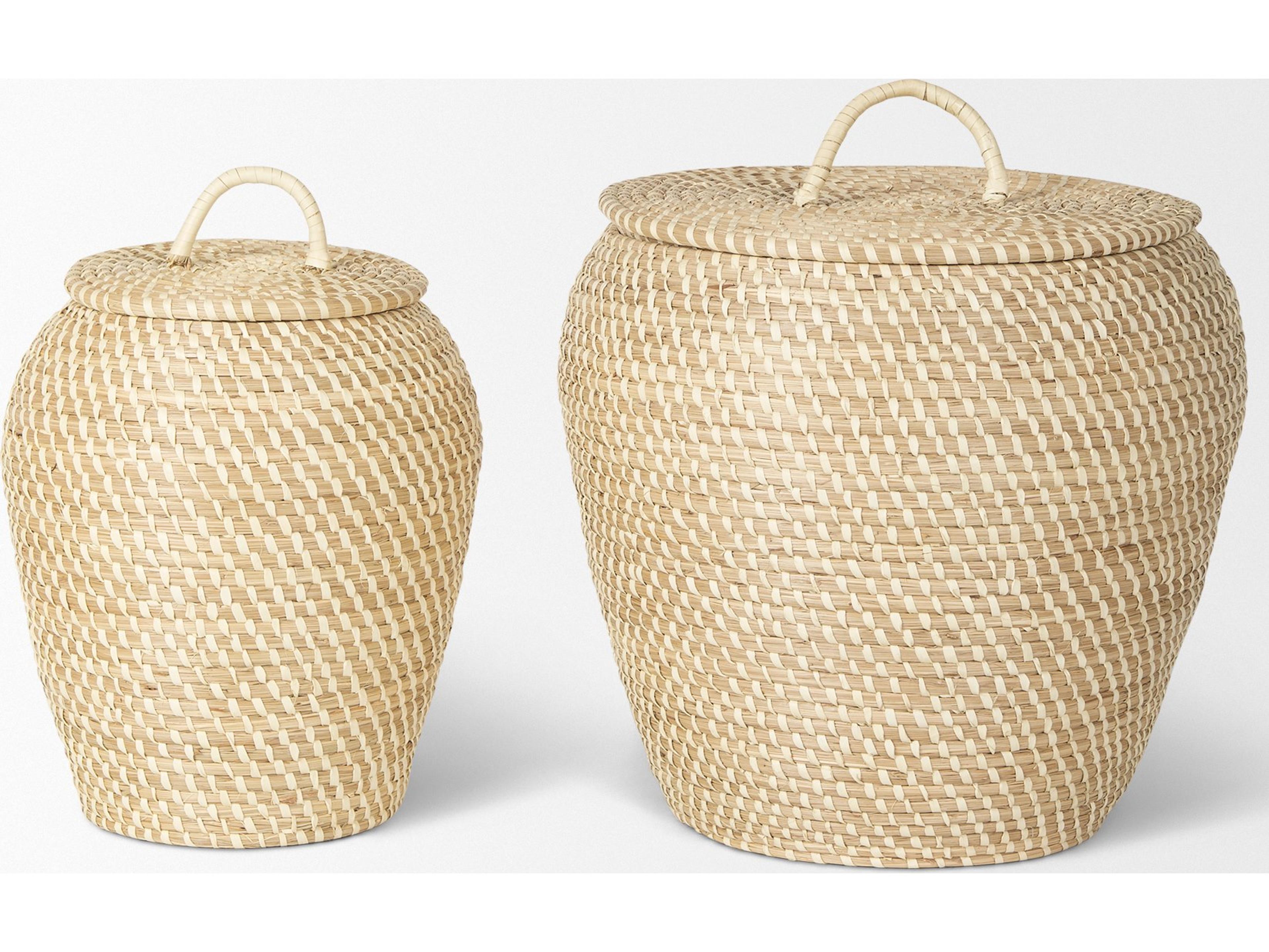 Mercana Kalopa Set of 2 Seagrass Floor Baskets w/ Flat Handled Lid