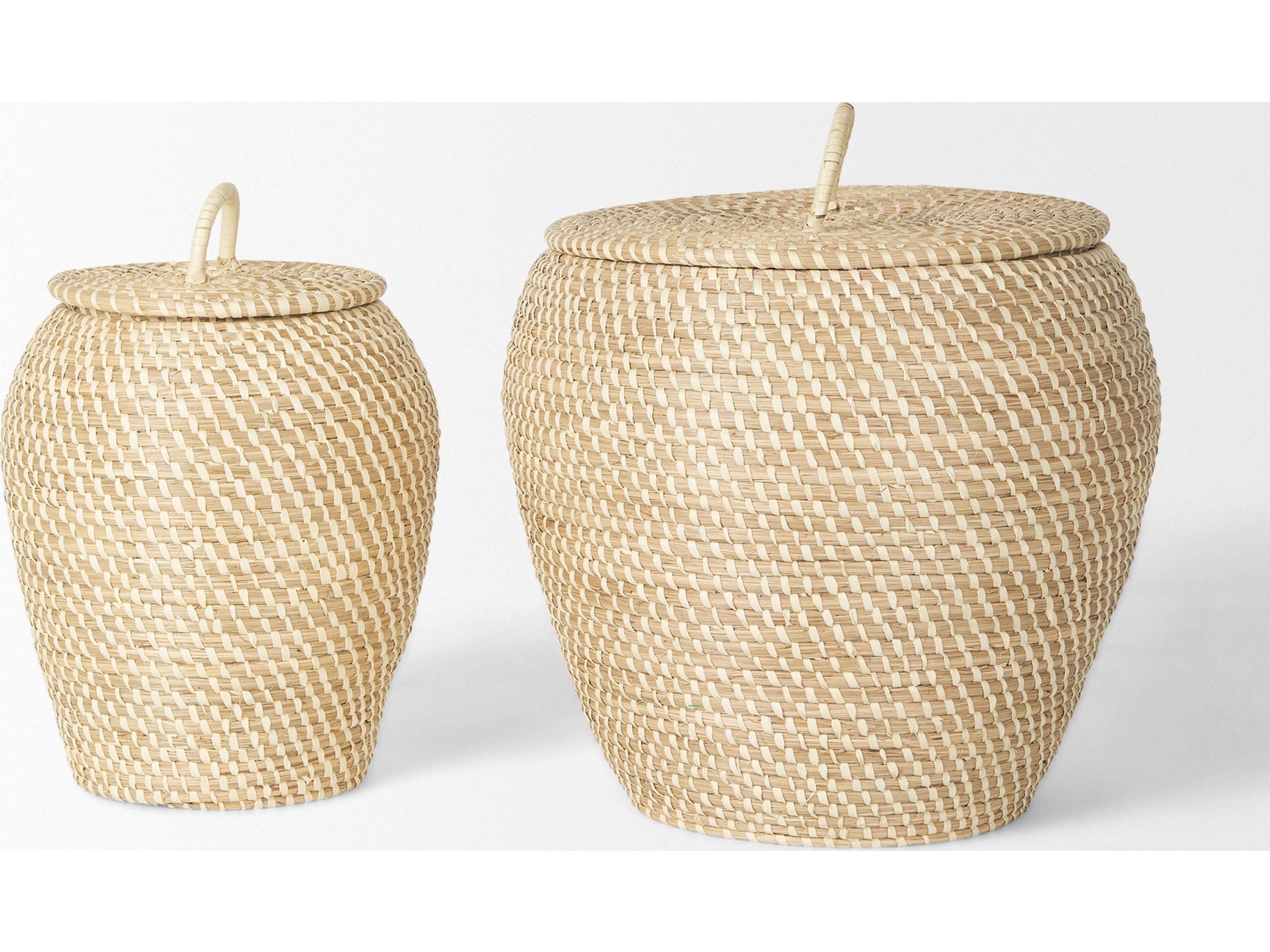 Mercana Kalopa Set of 2 Seagrass Floor Baskets w/ Flat Handled Lid