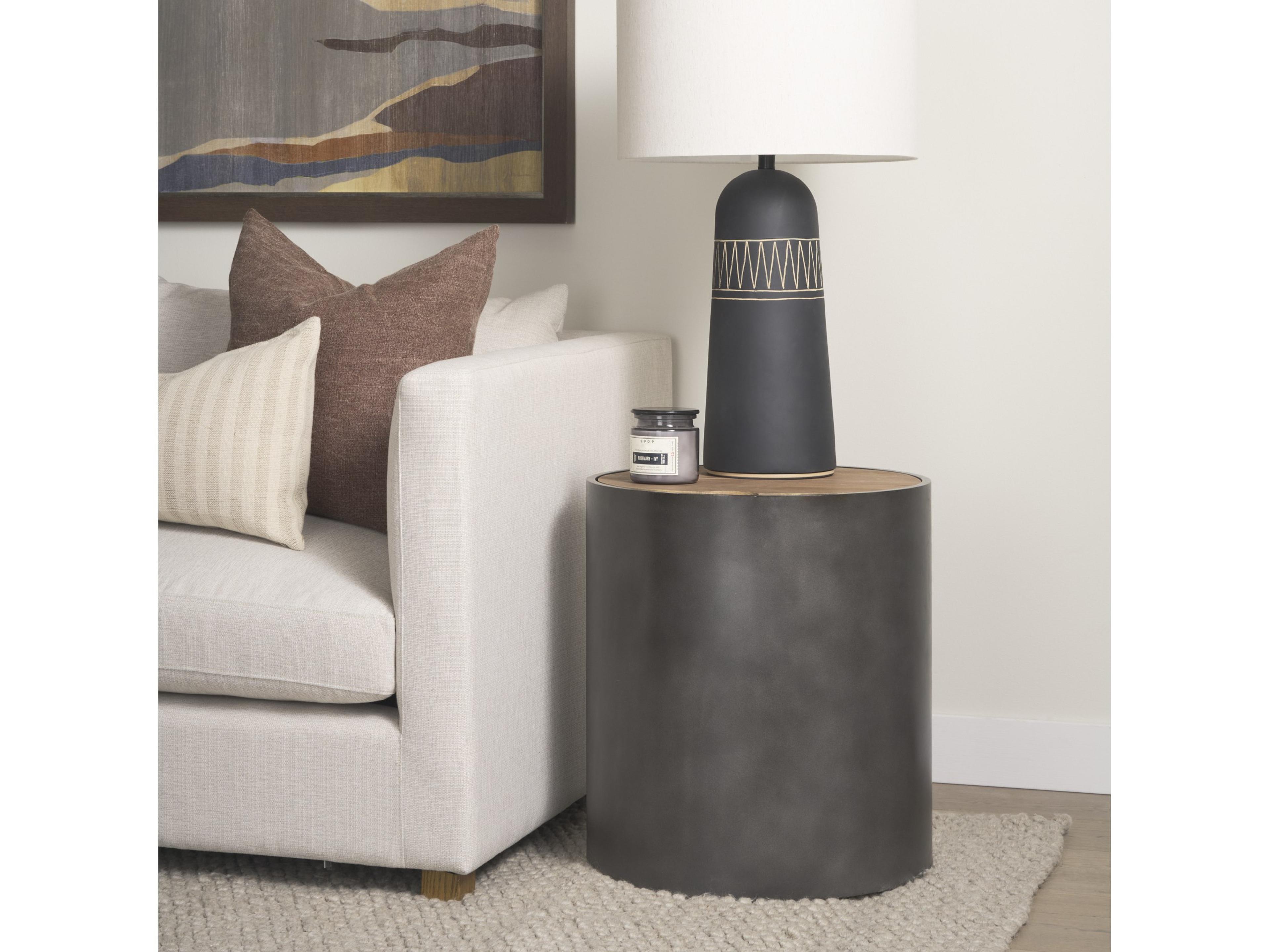 Mercana Eclipse Gunmetal Gray Drum Base w/ Brown Wood Top End/Side Table