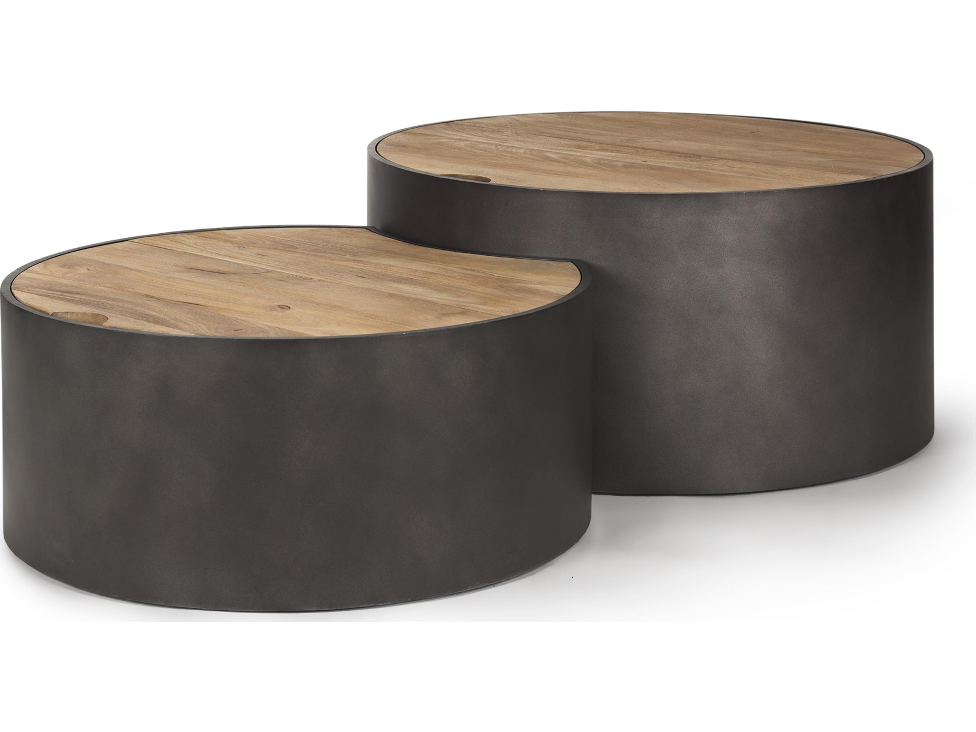 Eclipse Gunmetal Gray Drum Base w/ Brown Wood Top Nested Coffee Table