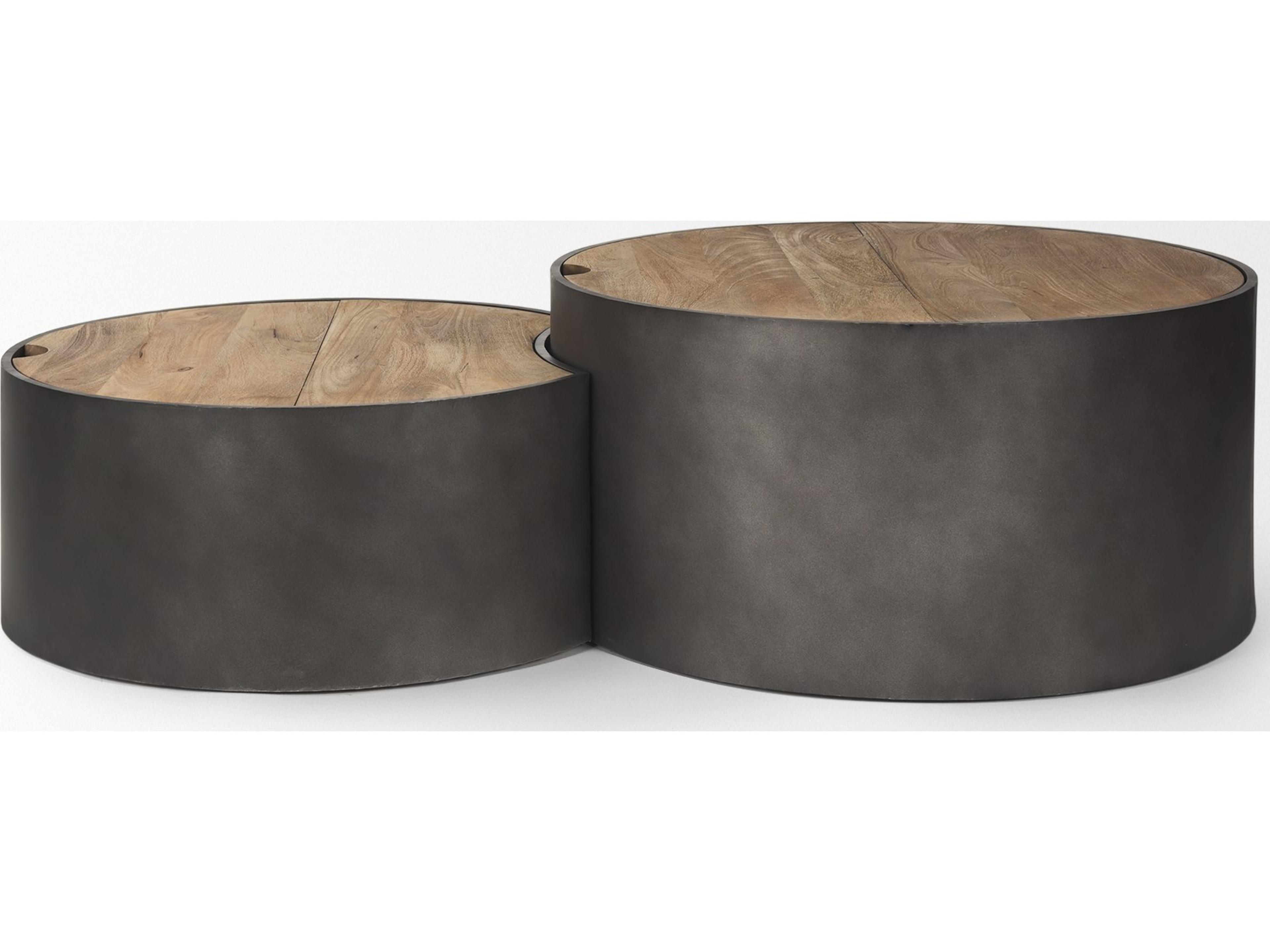 Mercana Eclipse Gunmetal Gray Drum Base w/ Brown Wood Top Nested Coffee Table