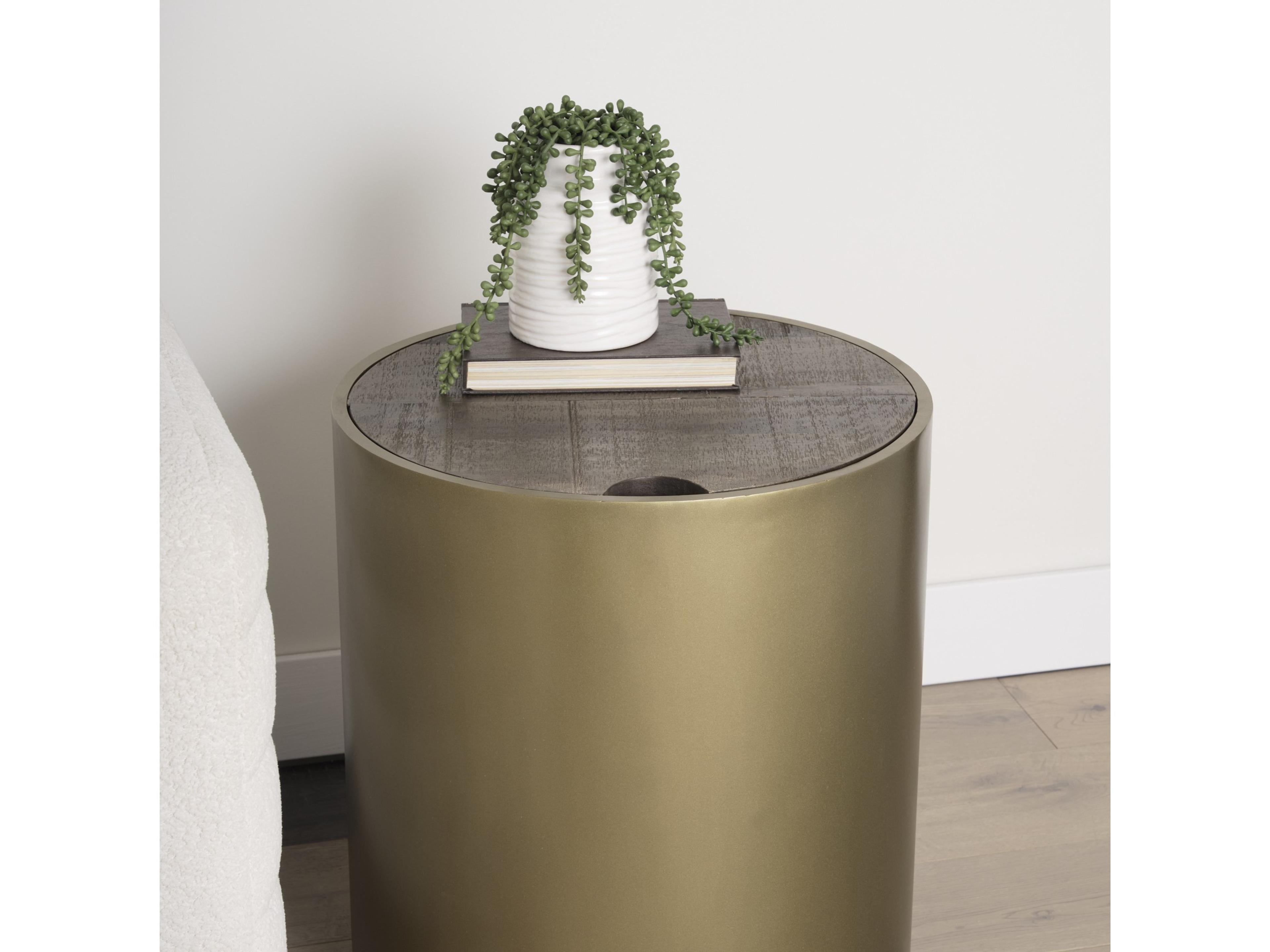 Mercana Eclipse Antique Brass Metal Drum Base w/ Dark Brown Wood Top End/Side Table