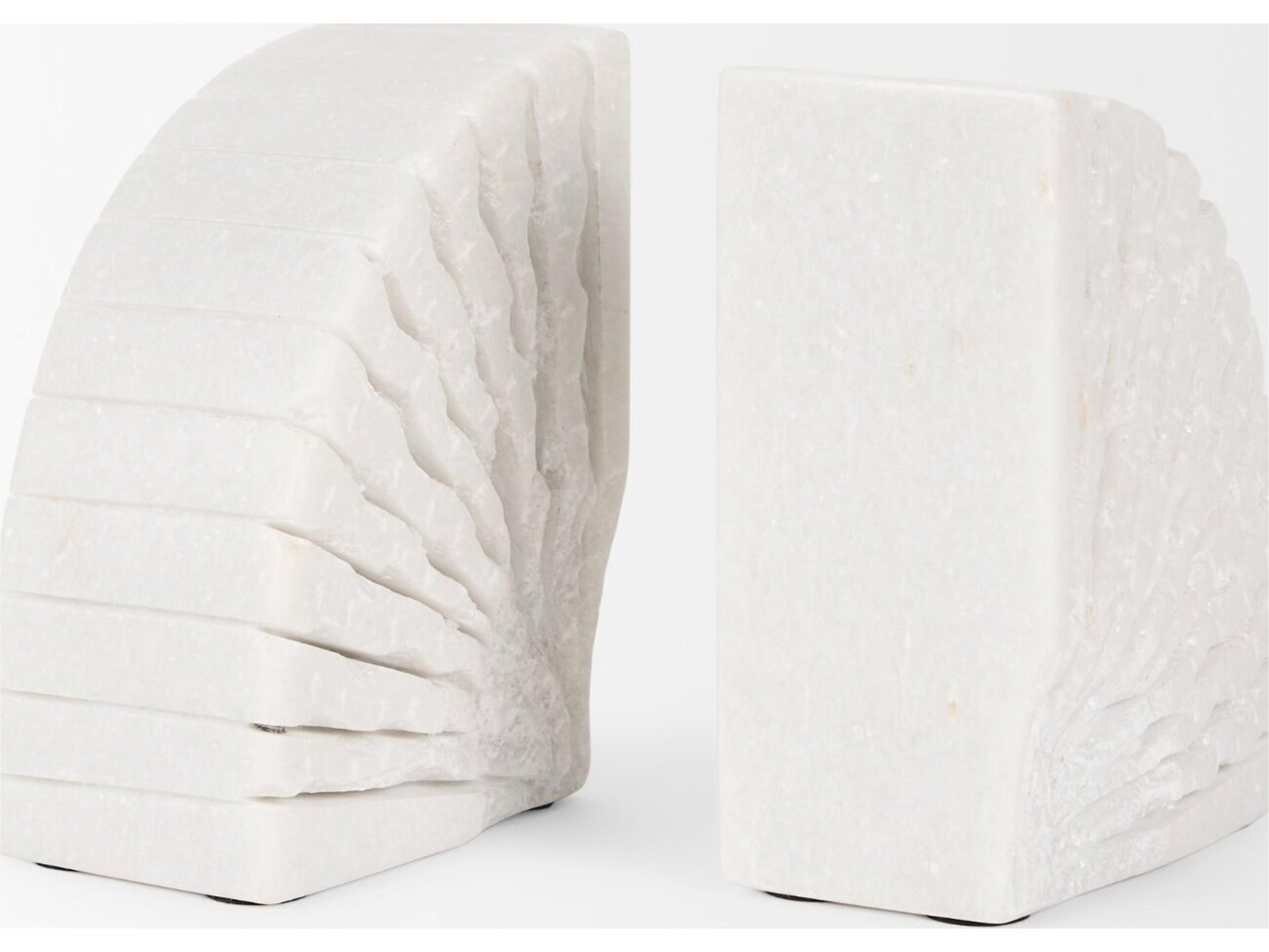 Mercana Stept White Marble Bookends w/rough carving (set of 2)