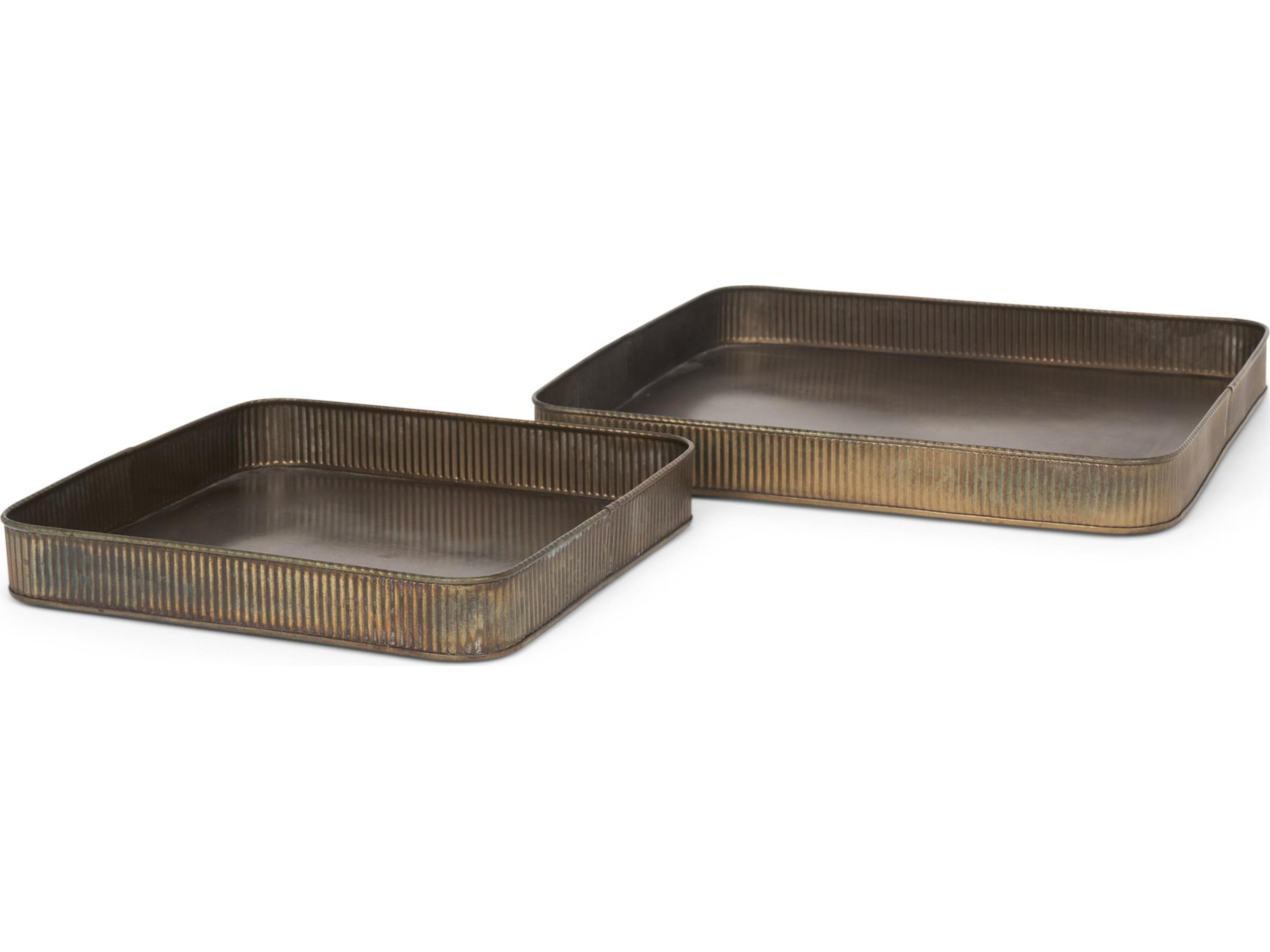 Varun Square Antiqued Brass Metal Tray (Set of 2)