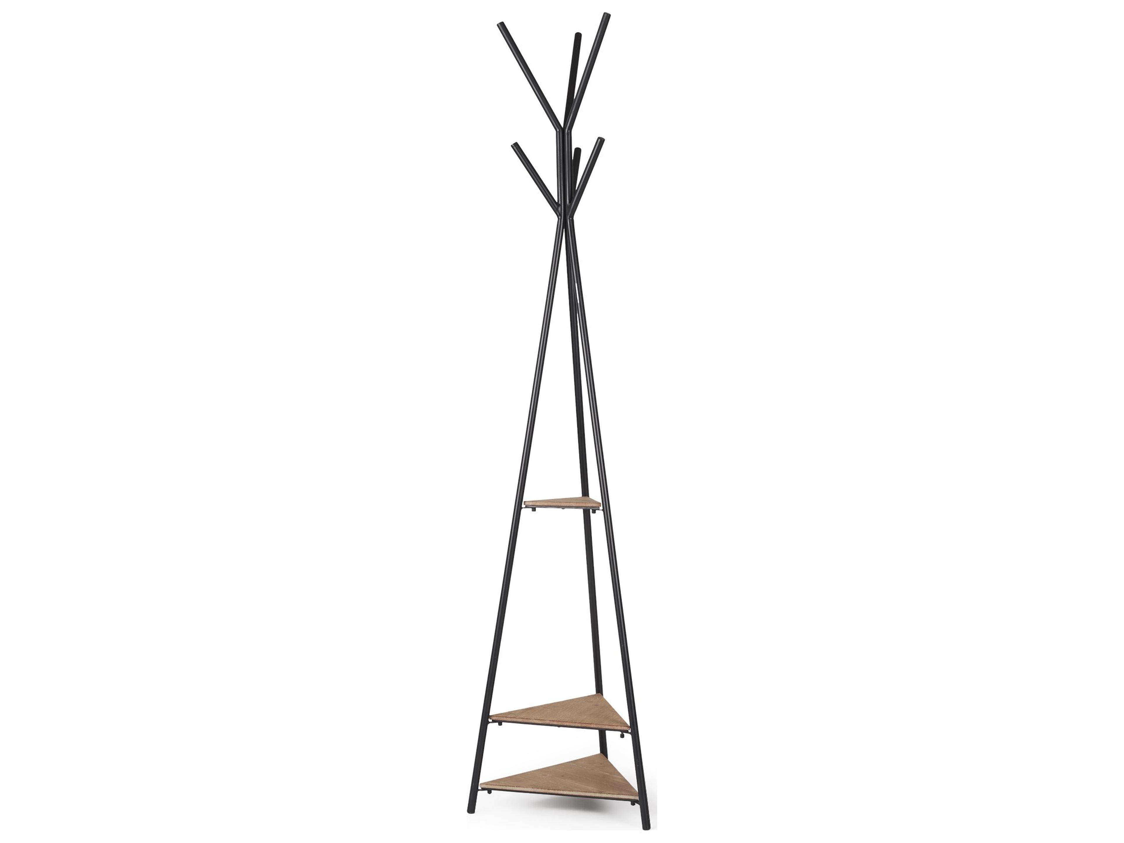 Everett Matte Black Metal w/ Two Wood Shelves Coat Rack