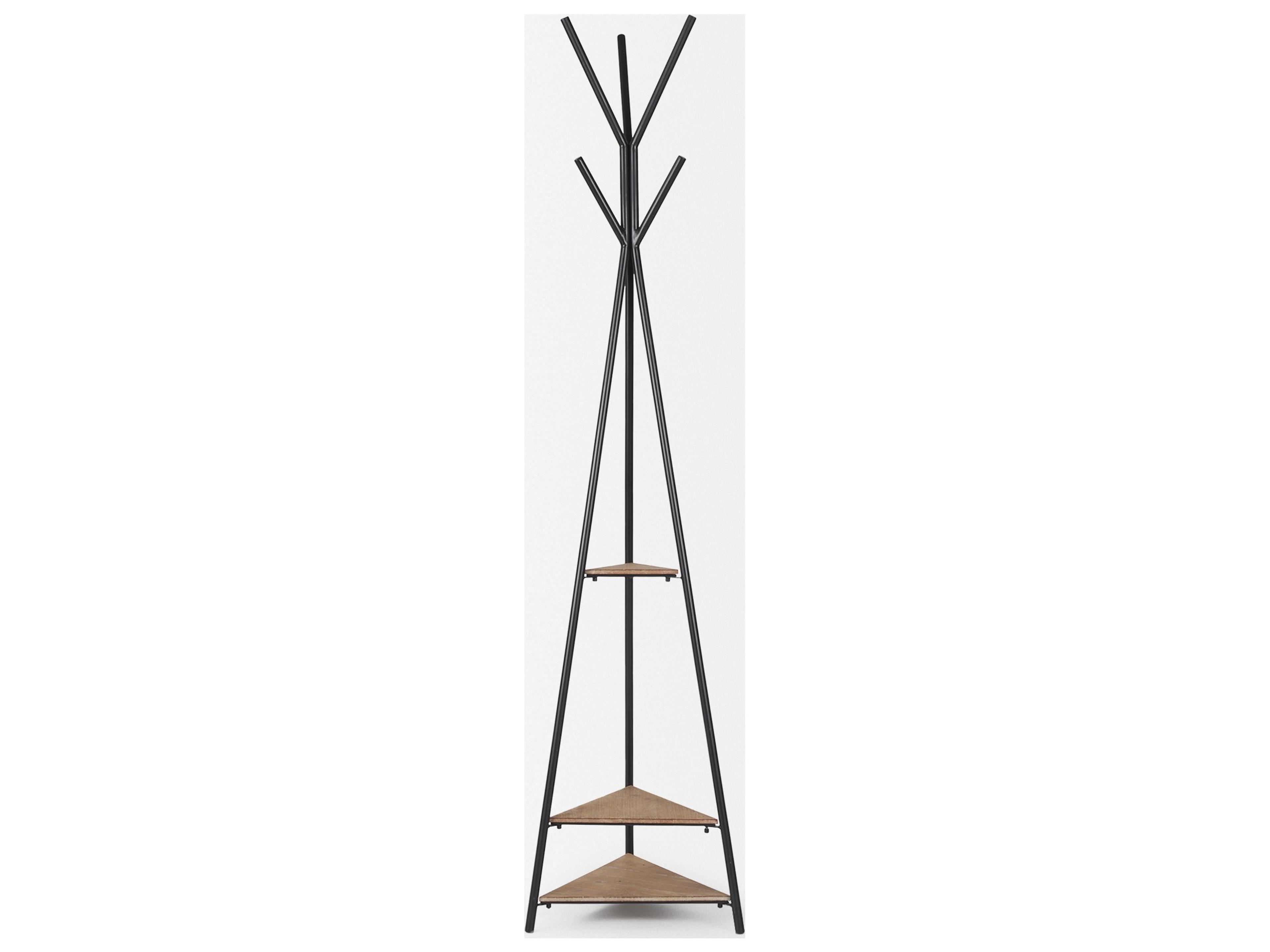 Mercana Everett Matte Black Metal w/ Two Wood Shelves Coat Rack