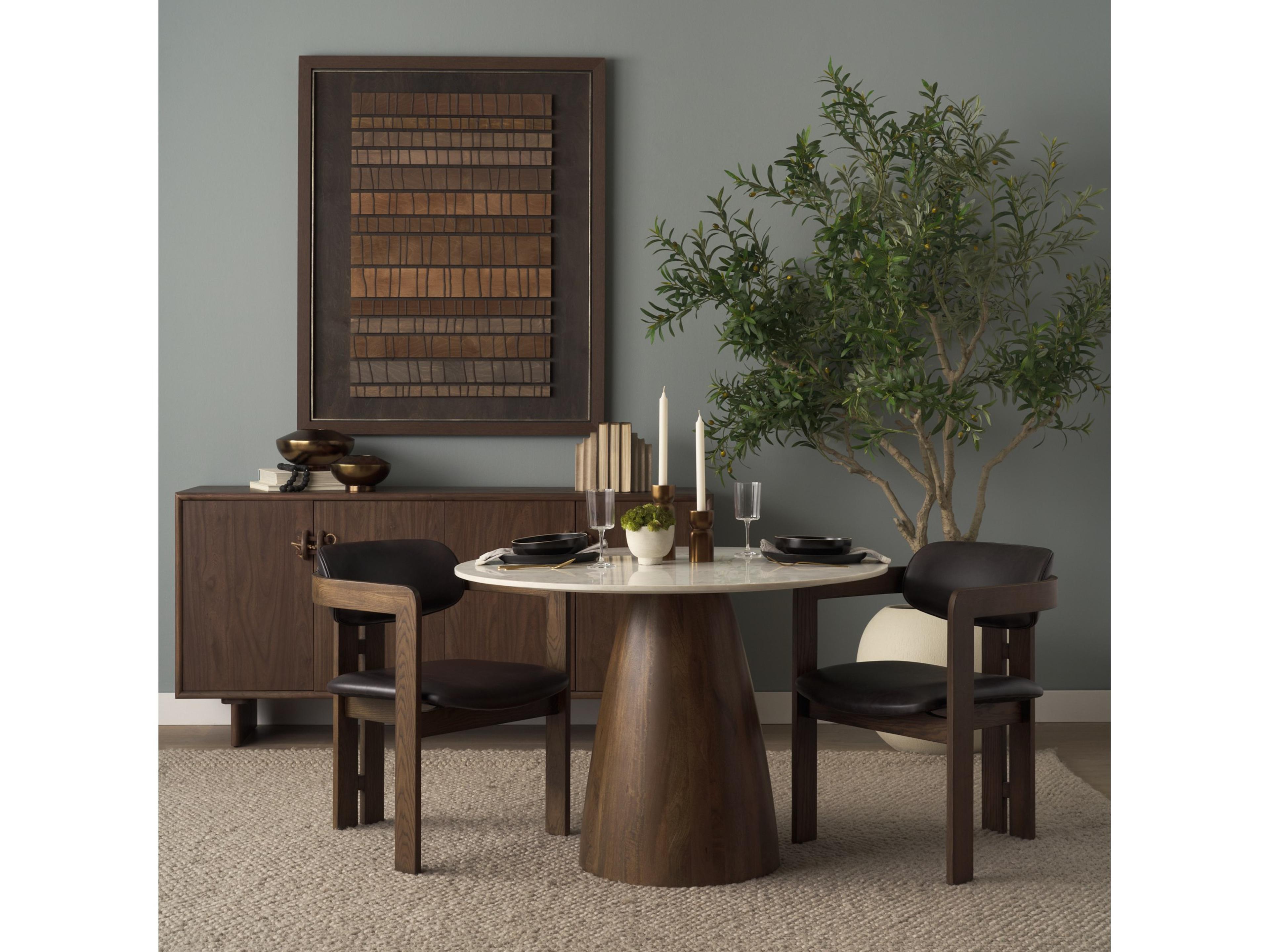Mercana Allyson 42" Round Brown Wood Pedestal w/Banswara White Marble Top Dining Table