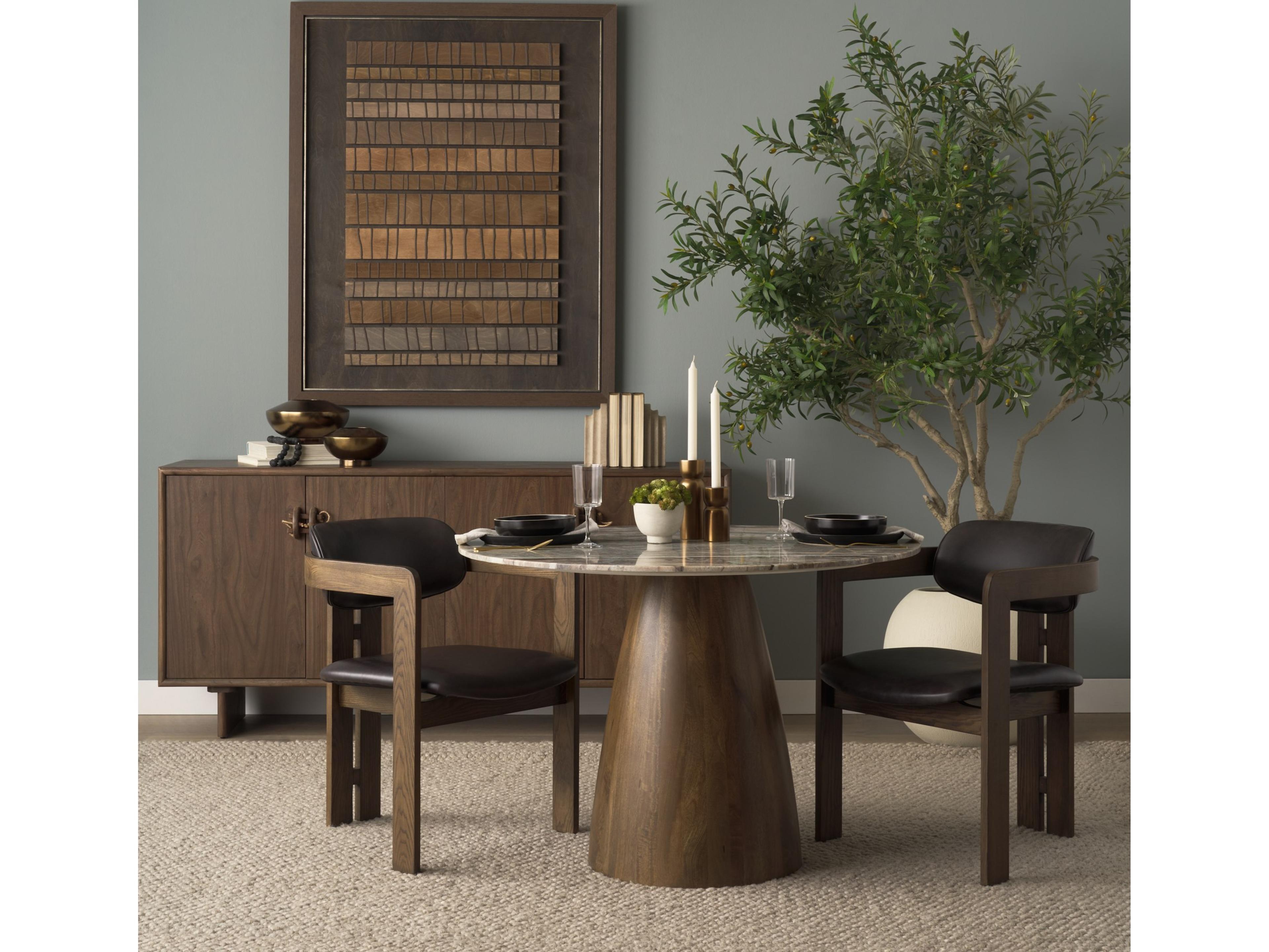 Mercana Allyson 42" Round Brown Wood Pedestal w/ Savar Pink Marble Top Dining Table