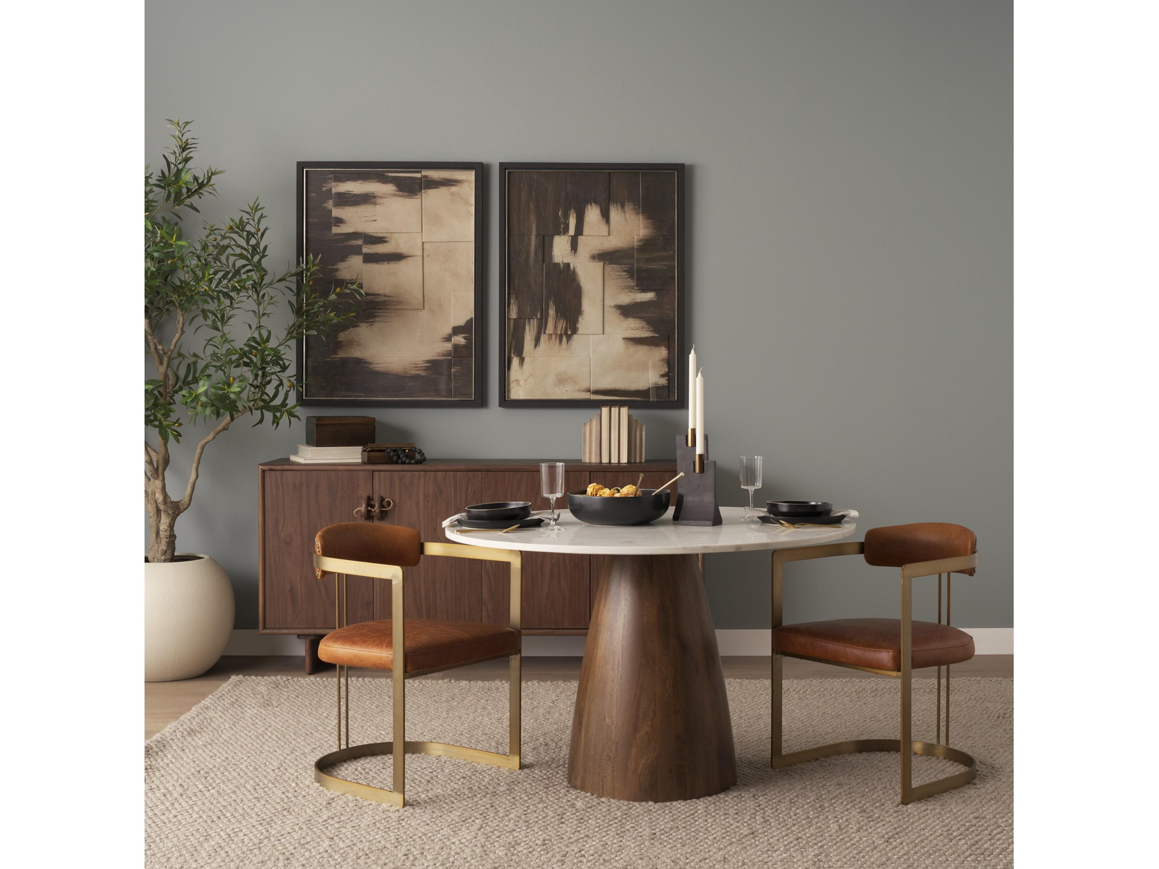 Mercana Allyson 48" Round Brown Wood Pedestal w/ White Marble Top Dining Table