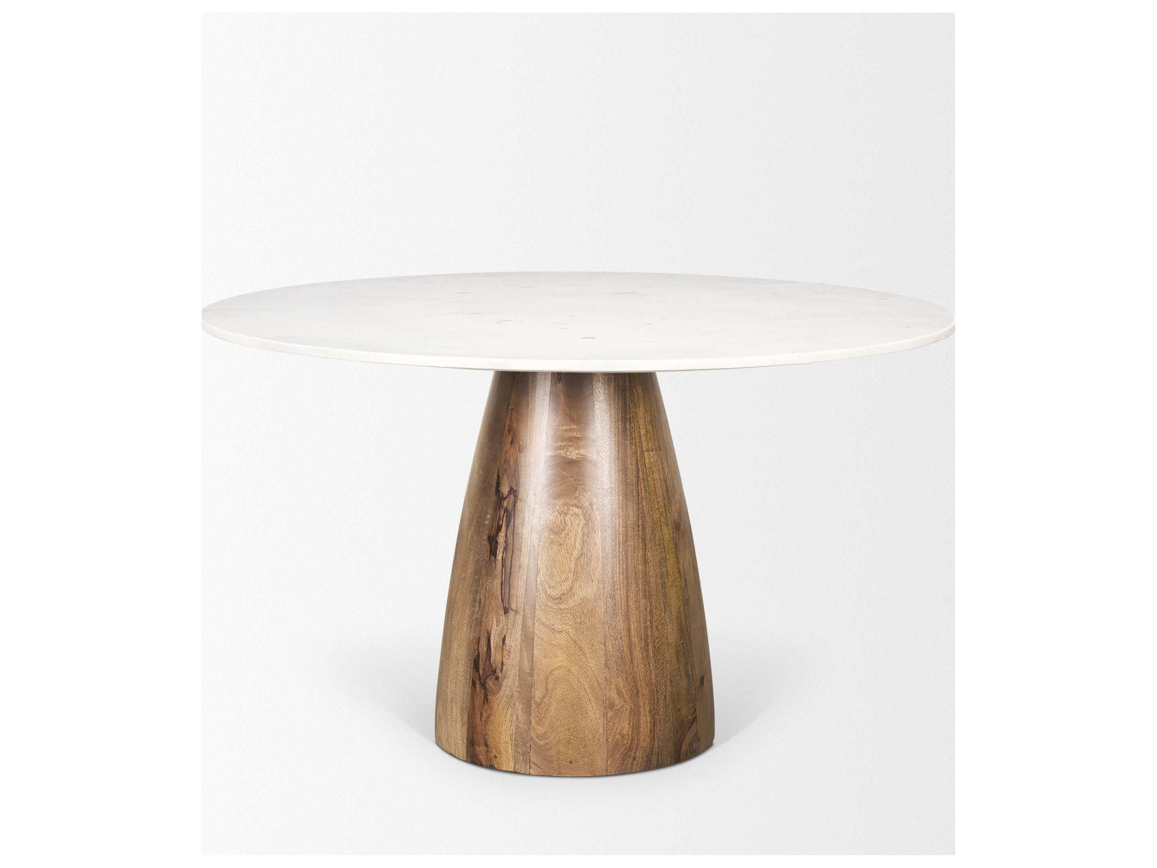 Mercana Allyson 48" Round Brown Wood Pedestal w/ White Marble Top Dining Table