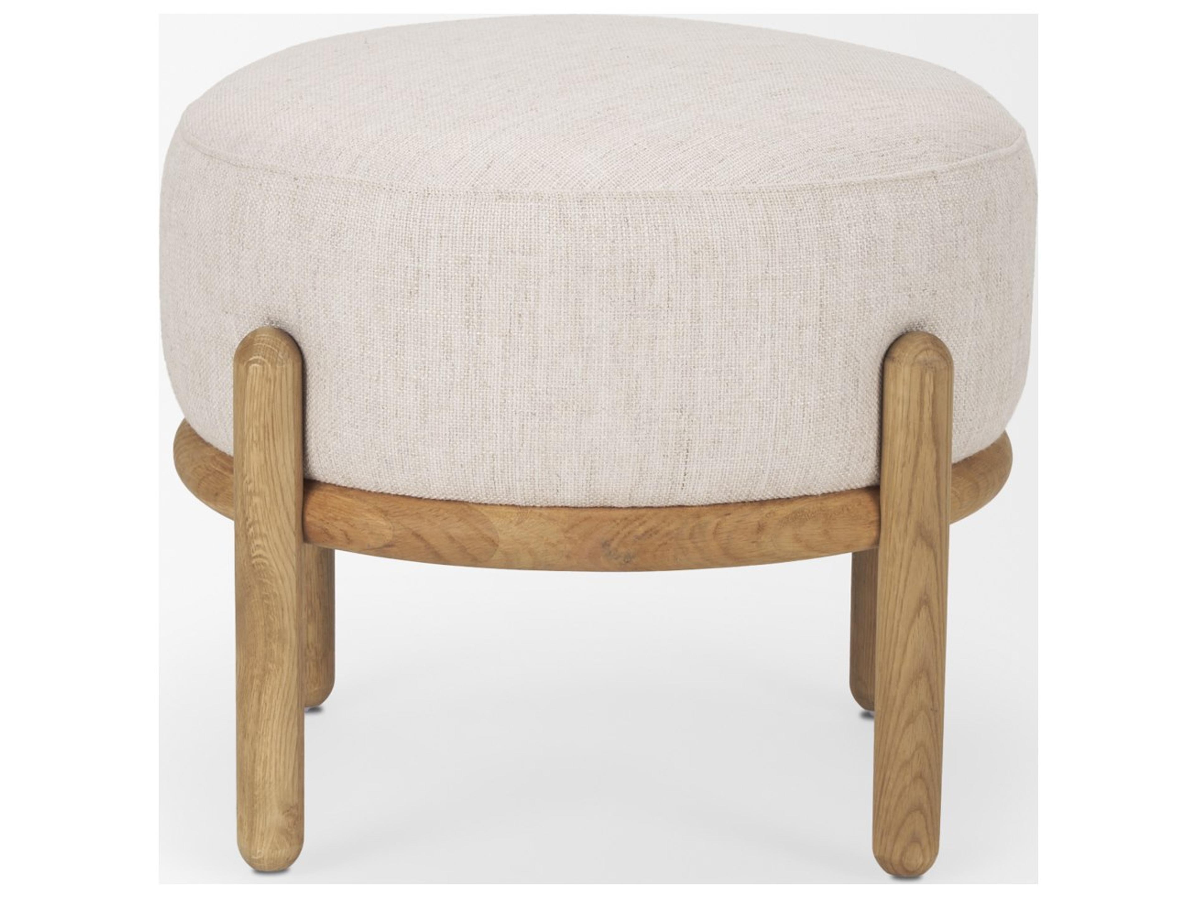 Mercana Gwynn Beige Fabric w/ Light Brown Wood Pouf