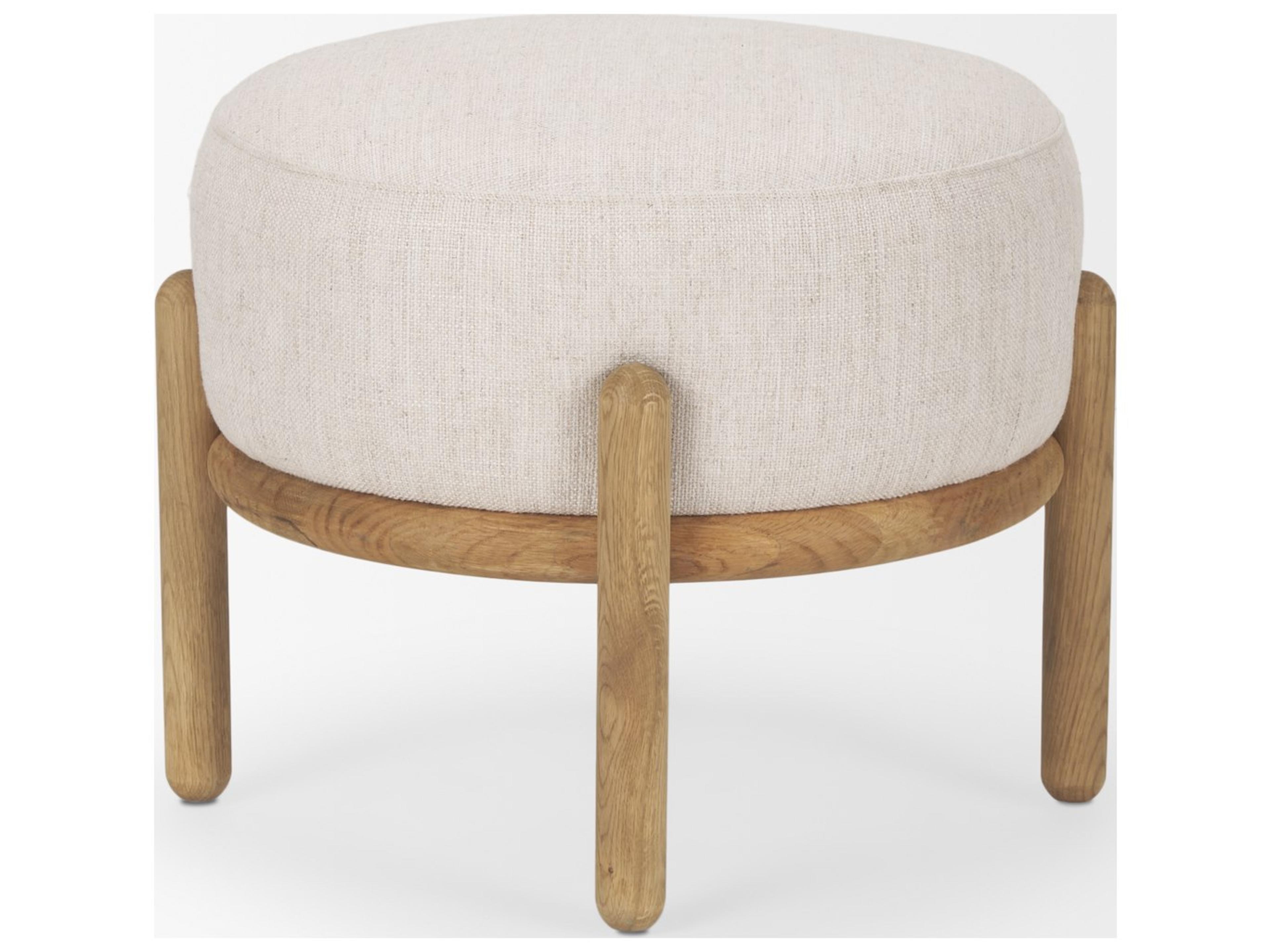 Mercana Gwynn Beige Fabric w/ Light Brown Wood Pouf